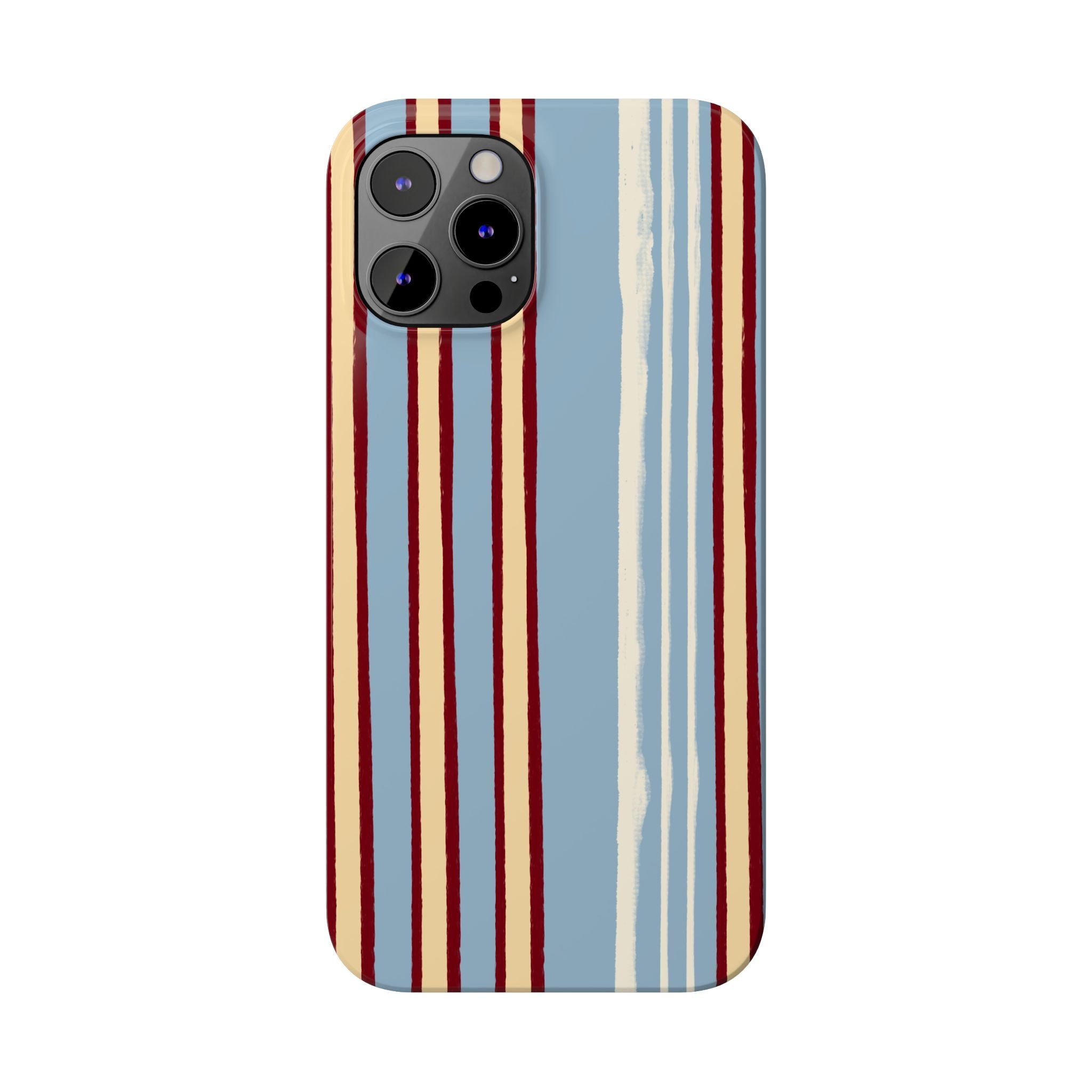Retro Striped Slim Phone Case — Blue, Cream & Burgundy Vertical Lines