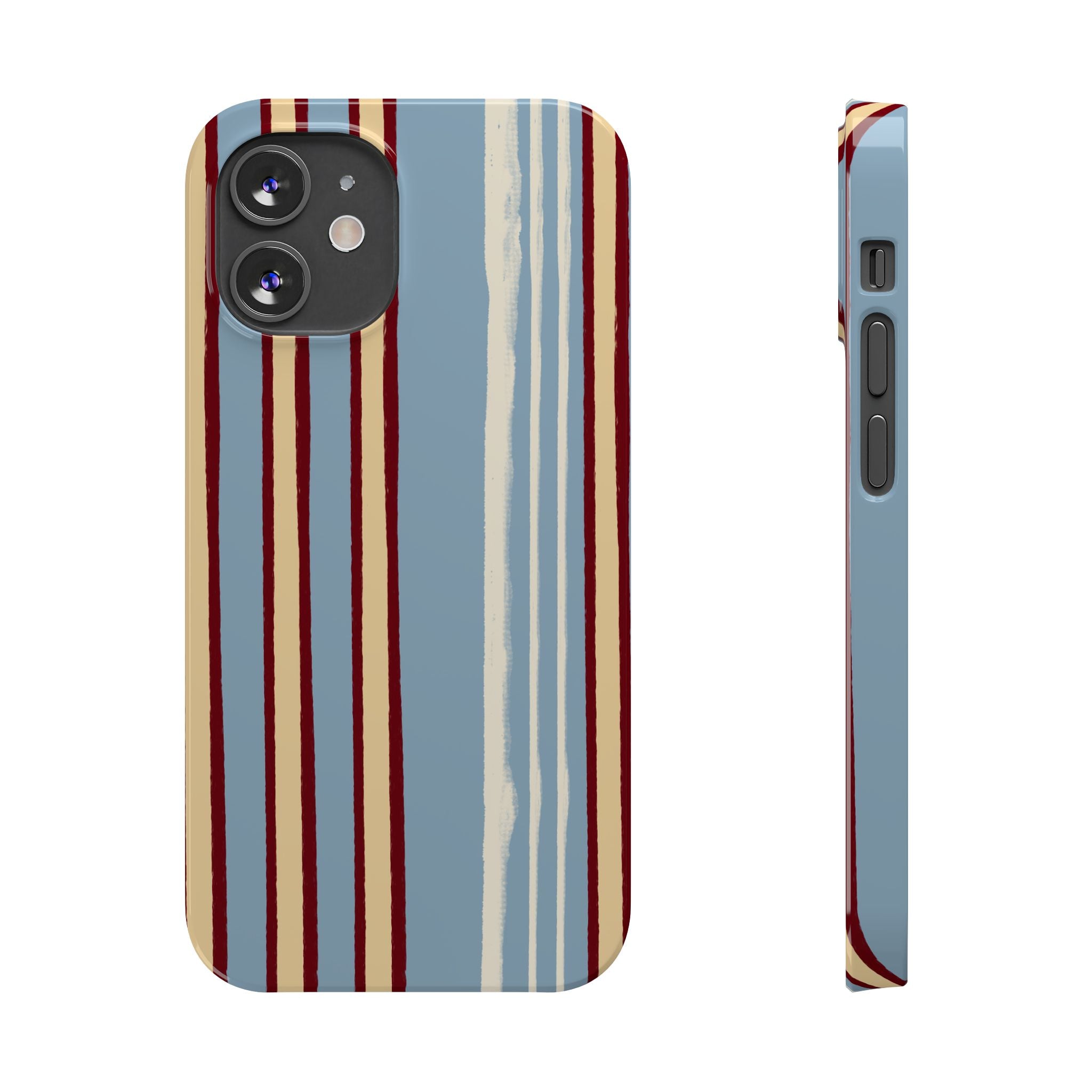 Retro Striped Slim Phone Case — Blue, Cream & Burgundy Vertical Lines