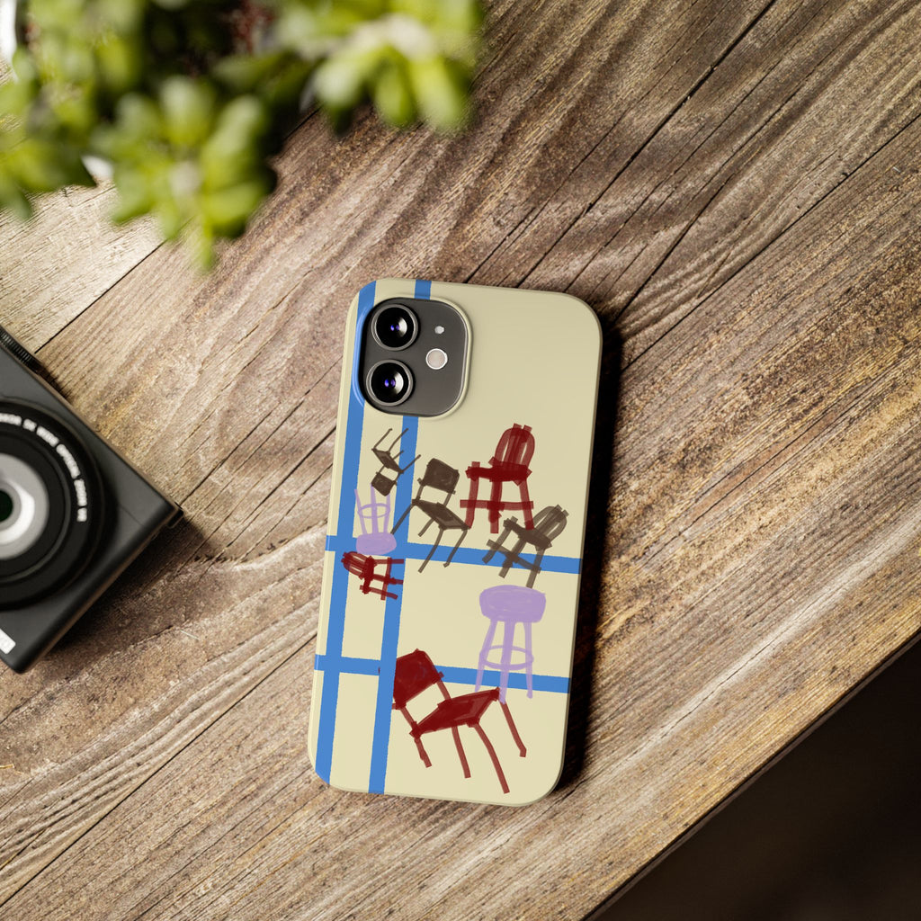 Slim Phone Case — Retro Chairs Pattern on Cream with Blue Grid Backroom-Inspired