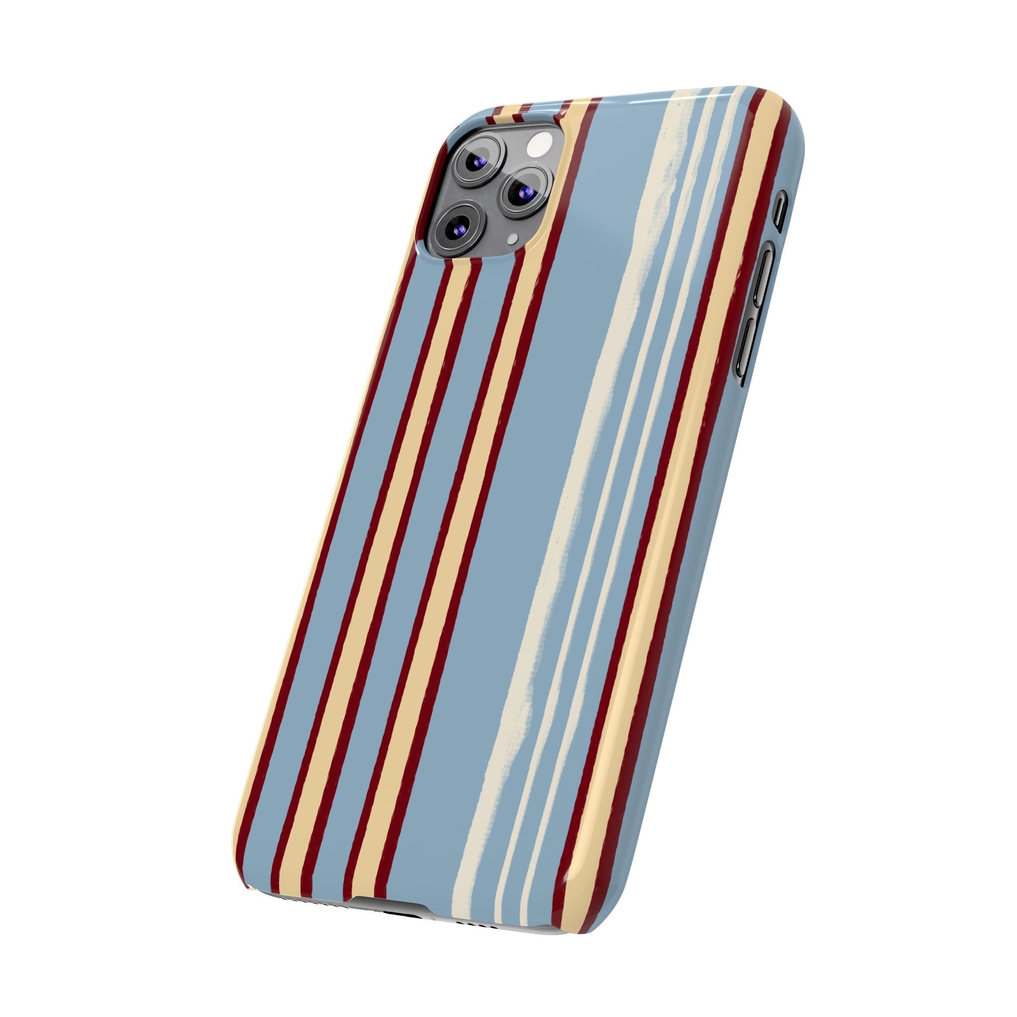 Retro Striped Slim Phone Case — Blue, Cream & Burgundy Vertical Lines