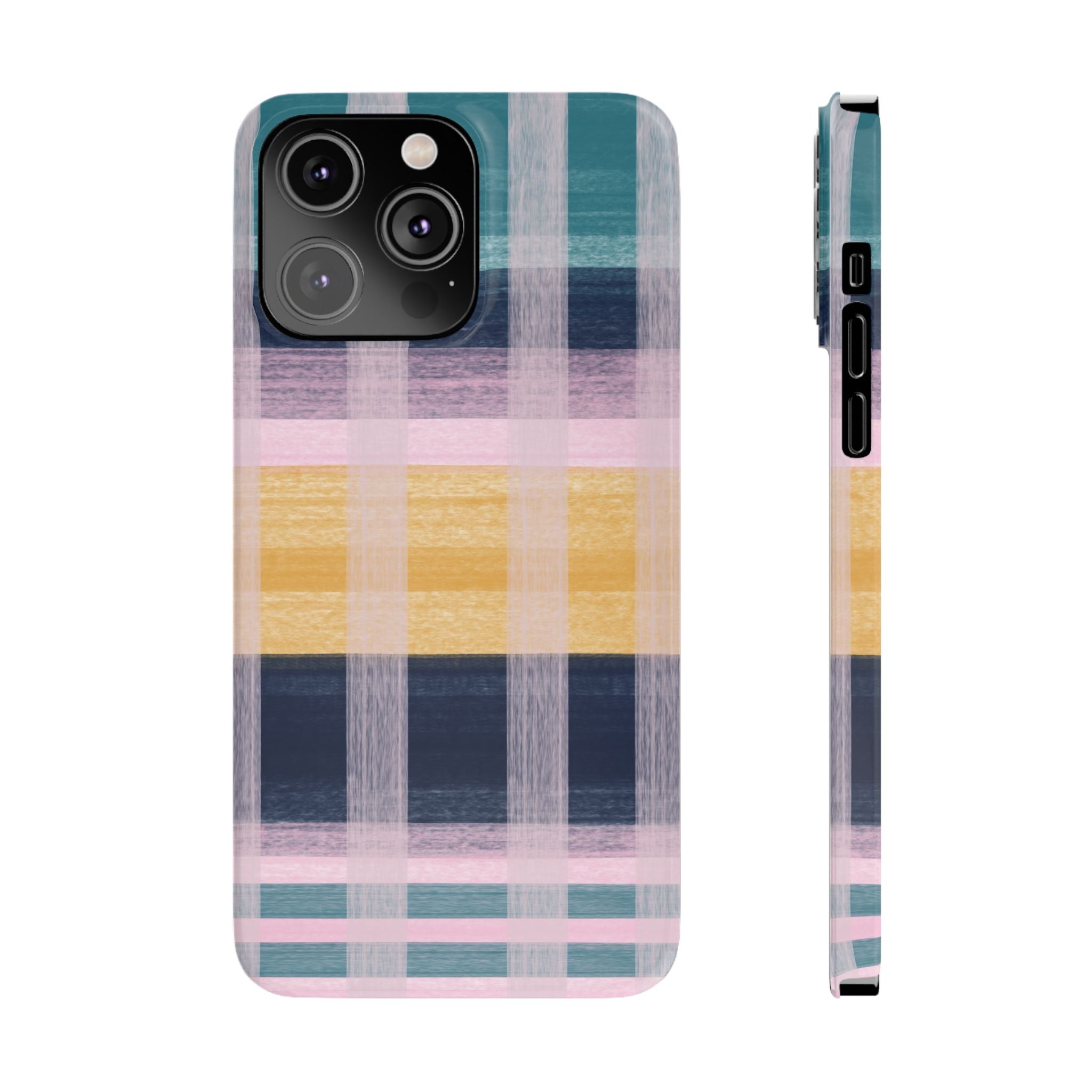 Plaid Brushstroke Slim Phone Case — Pastel Teal, Pink & Yellow Protective Cover SATC Inspired
