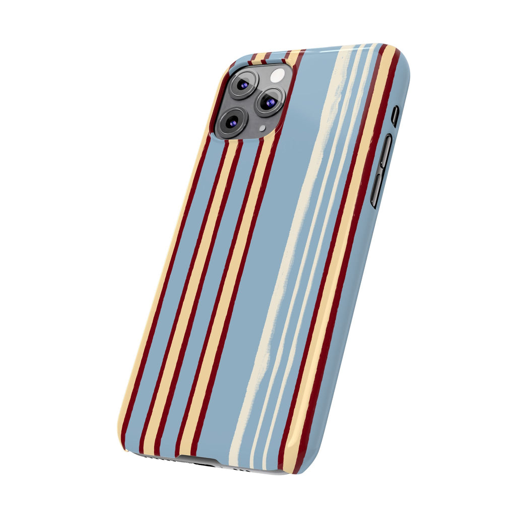 Retro Striped Slim Phone Case — Blue, Cream & Burgundy Vertical Lines