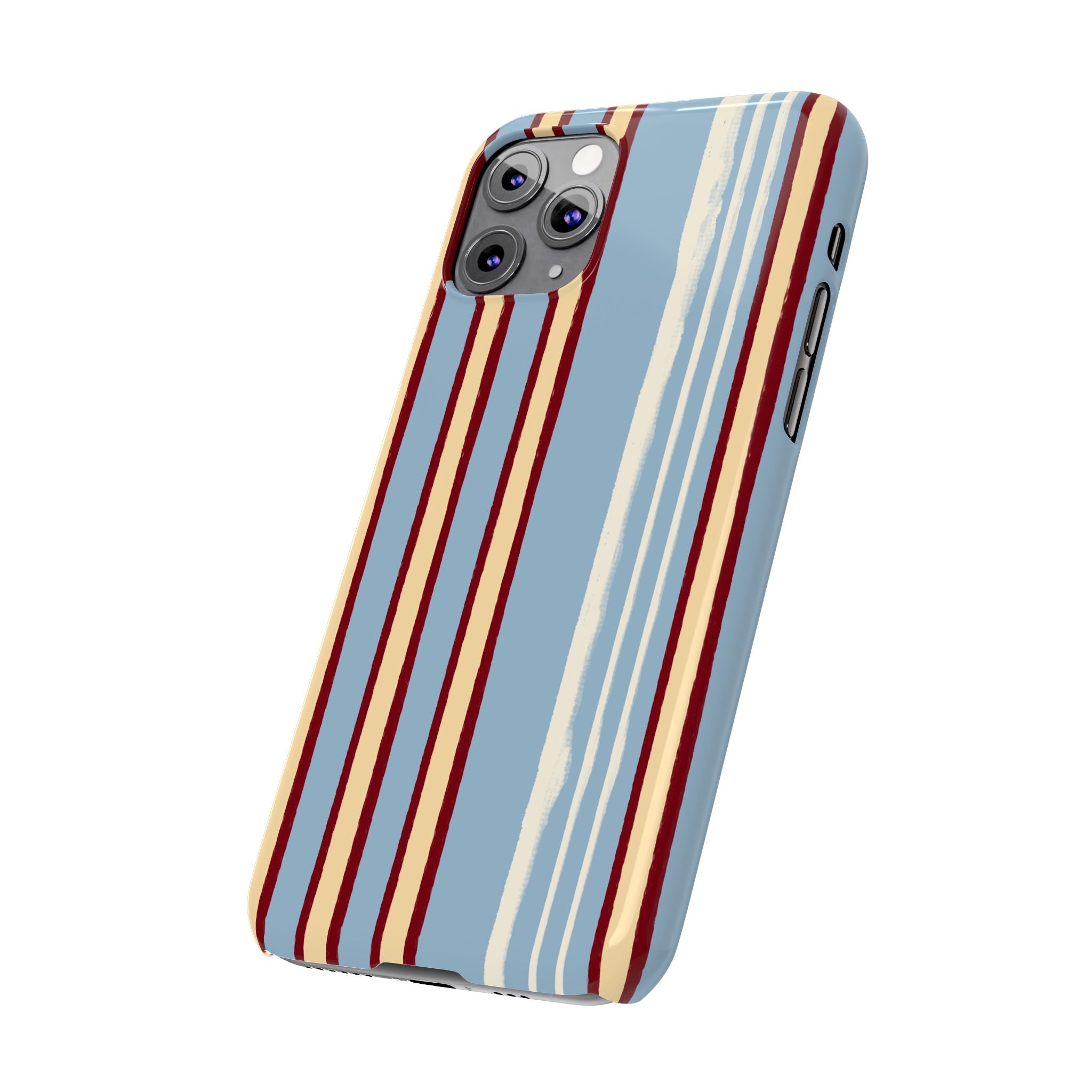 Retro Striped Slim Phone Case — Blue, Cream & Burgundy Vertical Lines