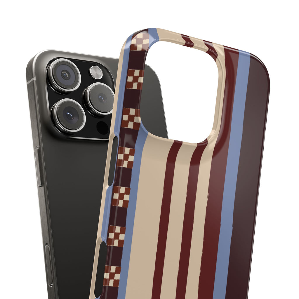 Slim Phone Case — Retro Striped Beige, Maroon & Blue Pattern