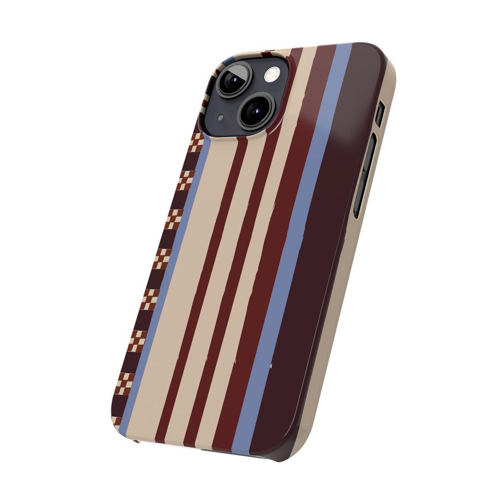 Slim Phone Case — Retro Striped Beige, Maroon & Blue Pattern