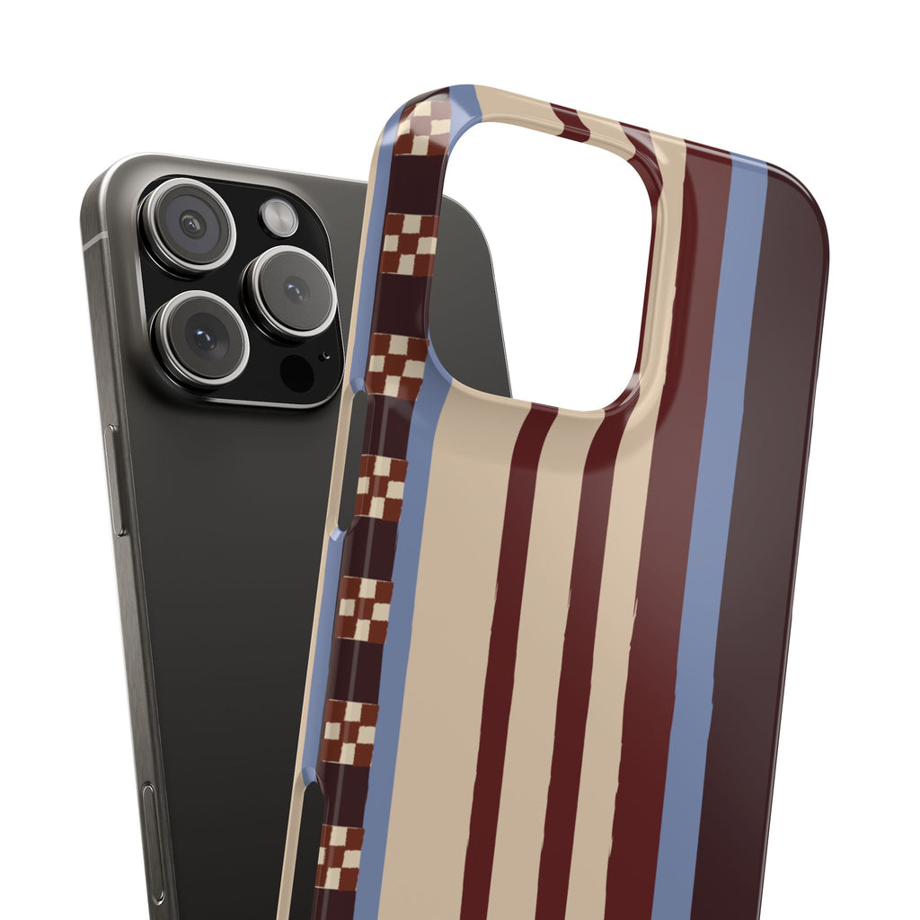 Slim Phone Case — Retro Striped Beige, Maroon & Blue Pattern