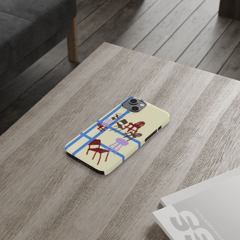 Slim Phone Case — Retro Chairs Pattern on Cream with Blue Grid Backroom-Inspired