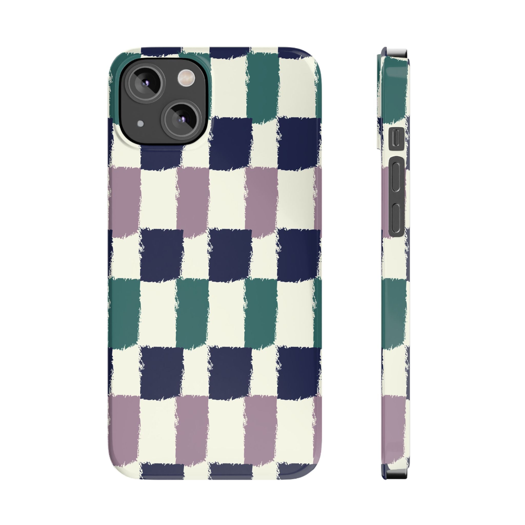 Painterly Check Slim Phone Case — Hand-Painted Navy, Teal & Lavender Grid
