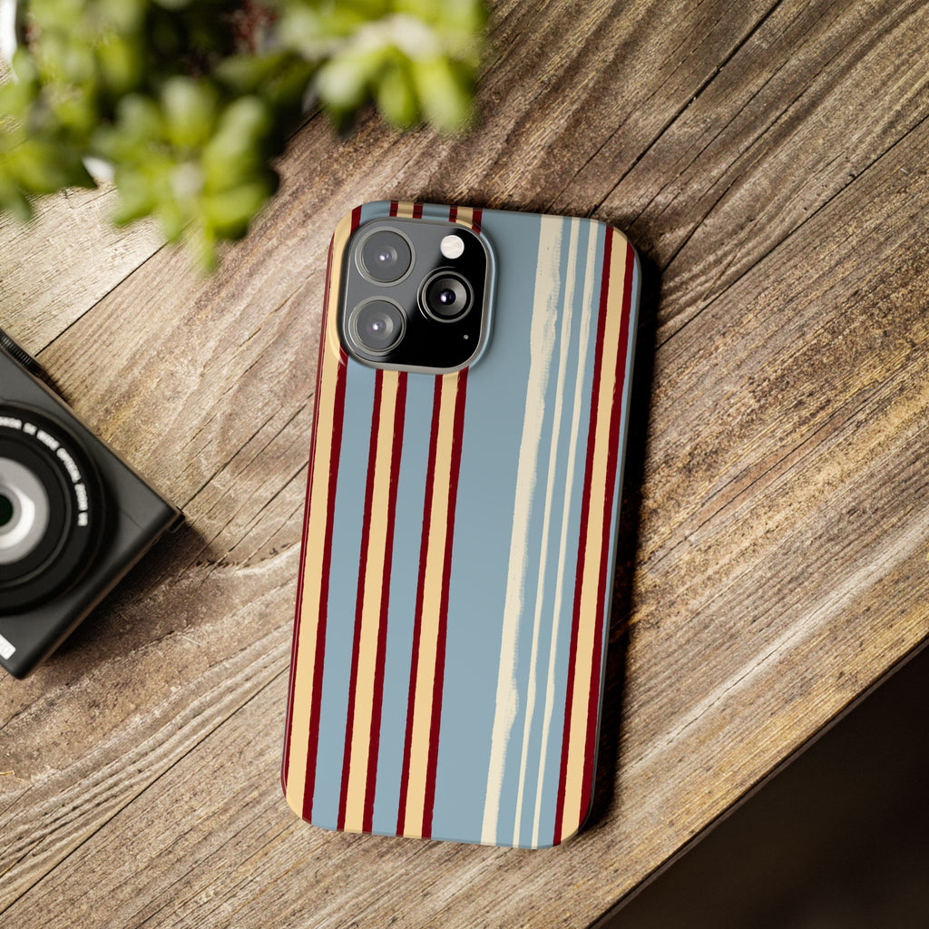 Retro Striped Slim Phone Case — Blue, Cream & Burgundy Vertical Lines