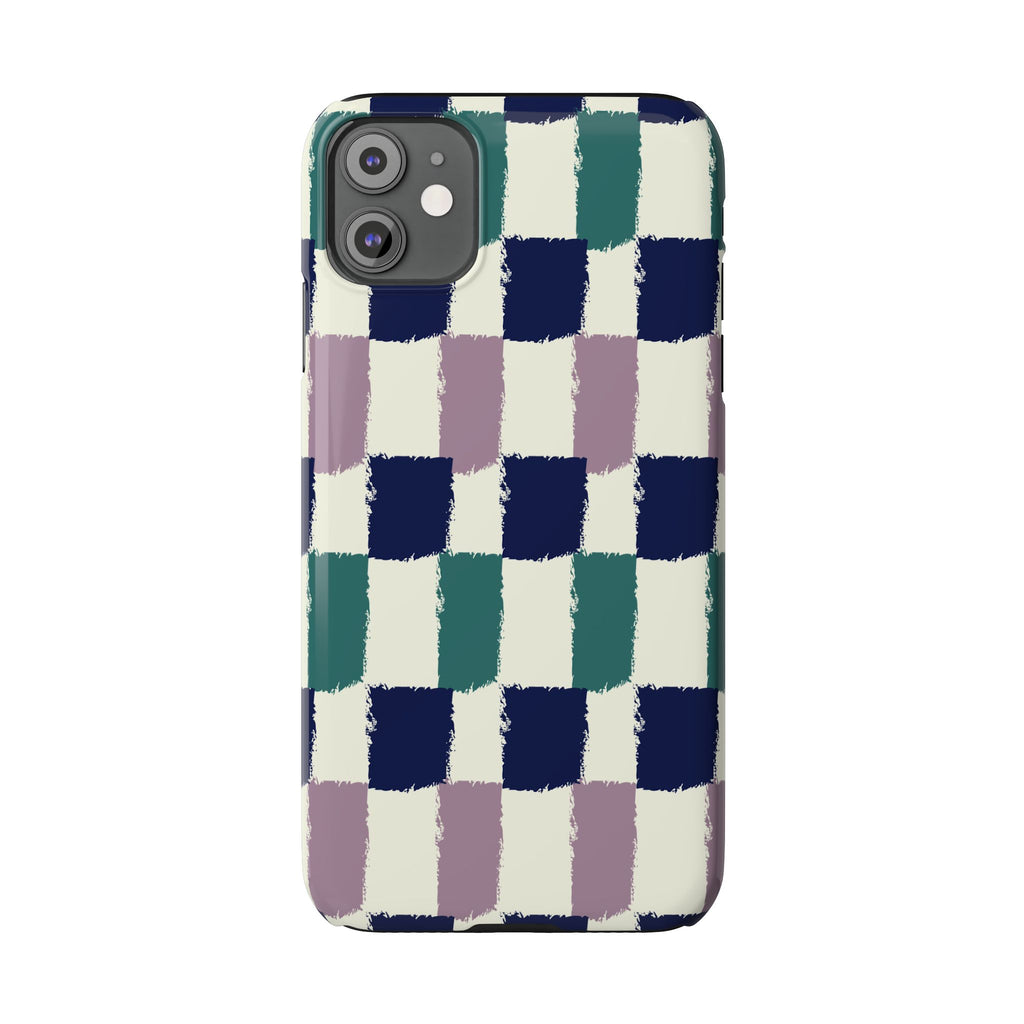 Painterly Check Slim Phone Case — Hand-Painted Navy, Teal & Lavender Grid