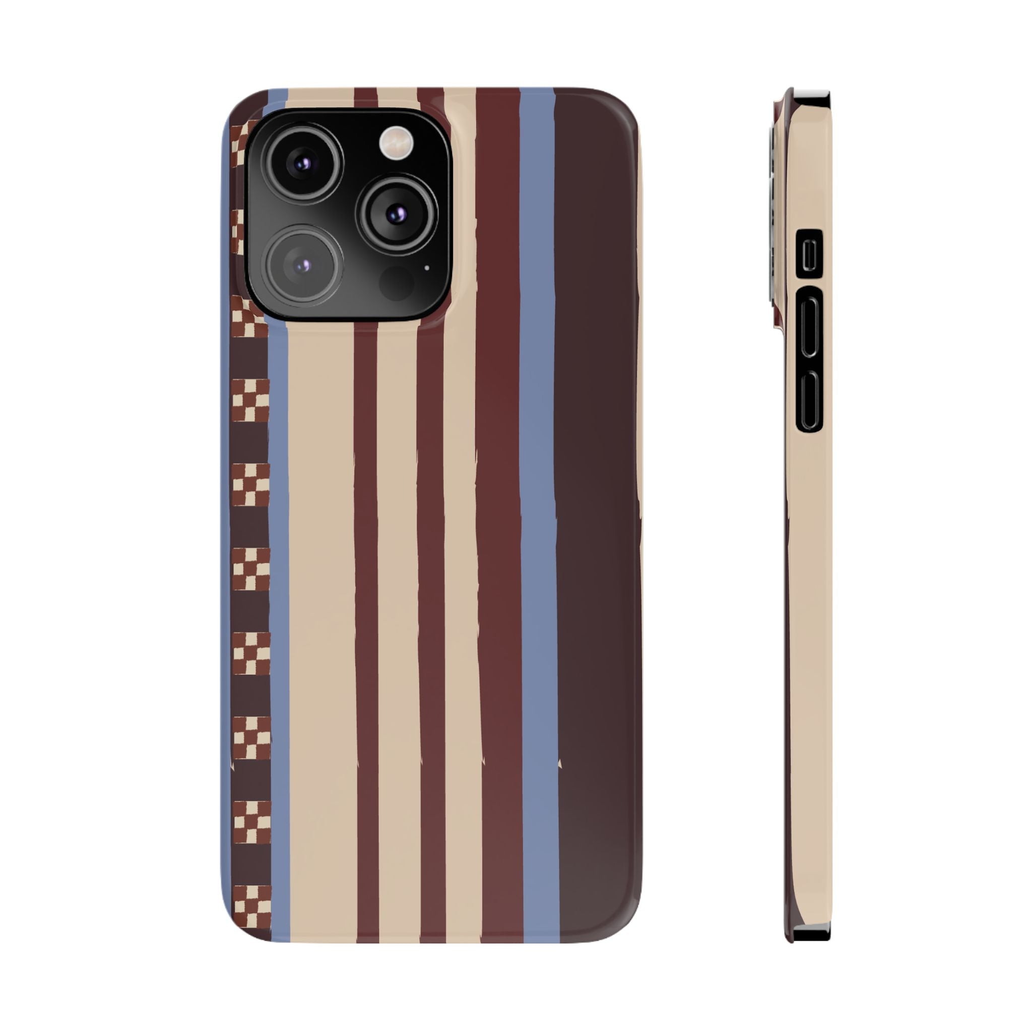 Slim Phone Case — Retro Striped Beige, Maroon & Blue Pattern