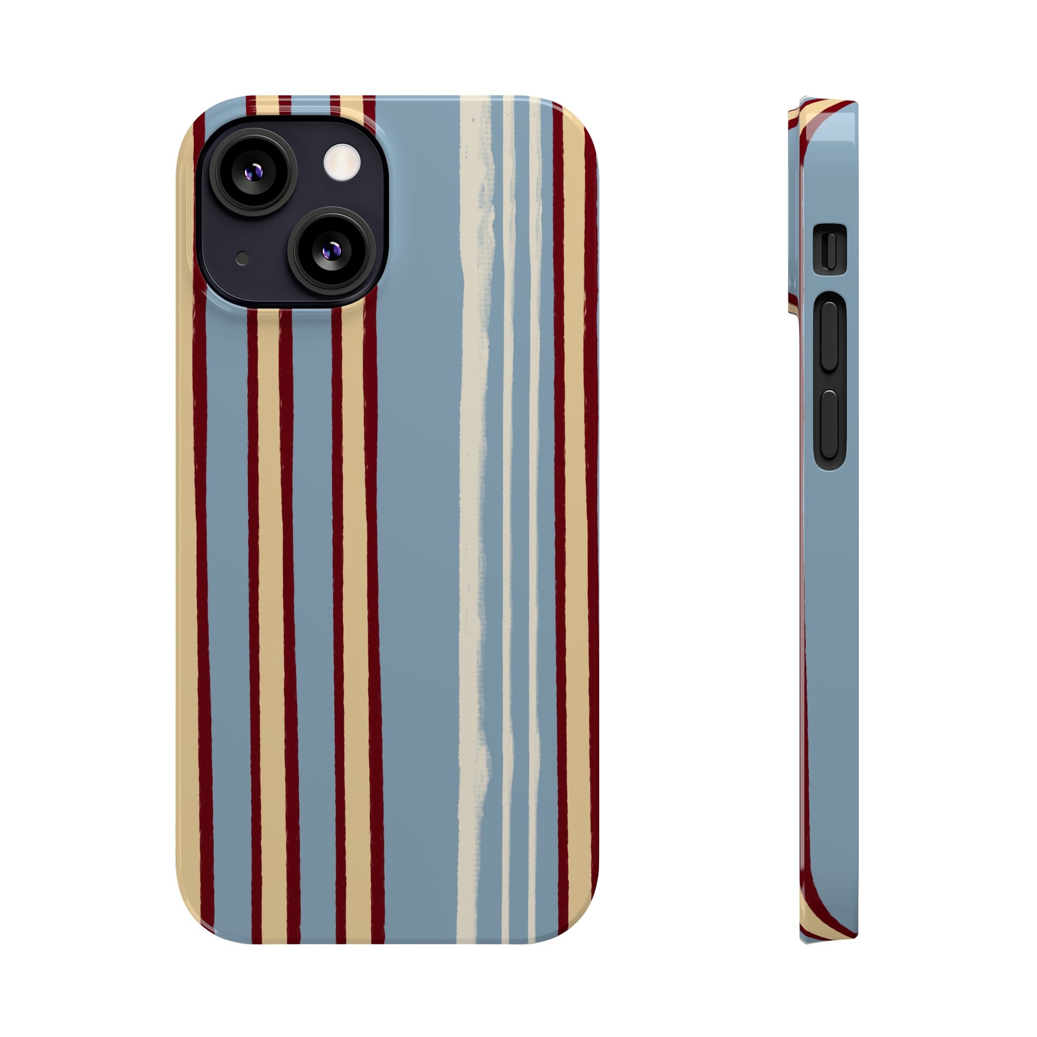 Retro Striped Slim Phone Case — Blue, Cream & Burgundy Vertical Lines