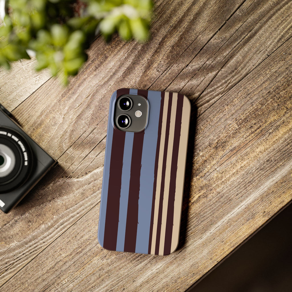 Retro Striped Slim Phone Case — Blue, Brown & Cream Vertical Stripes