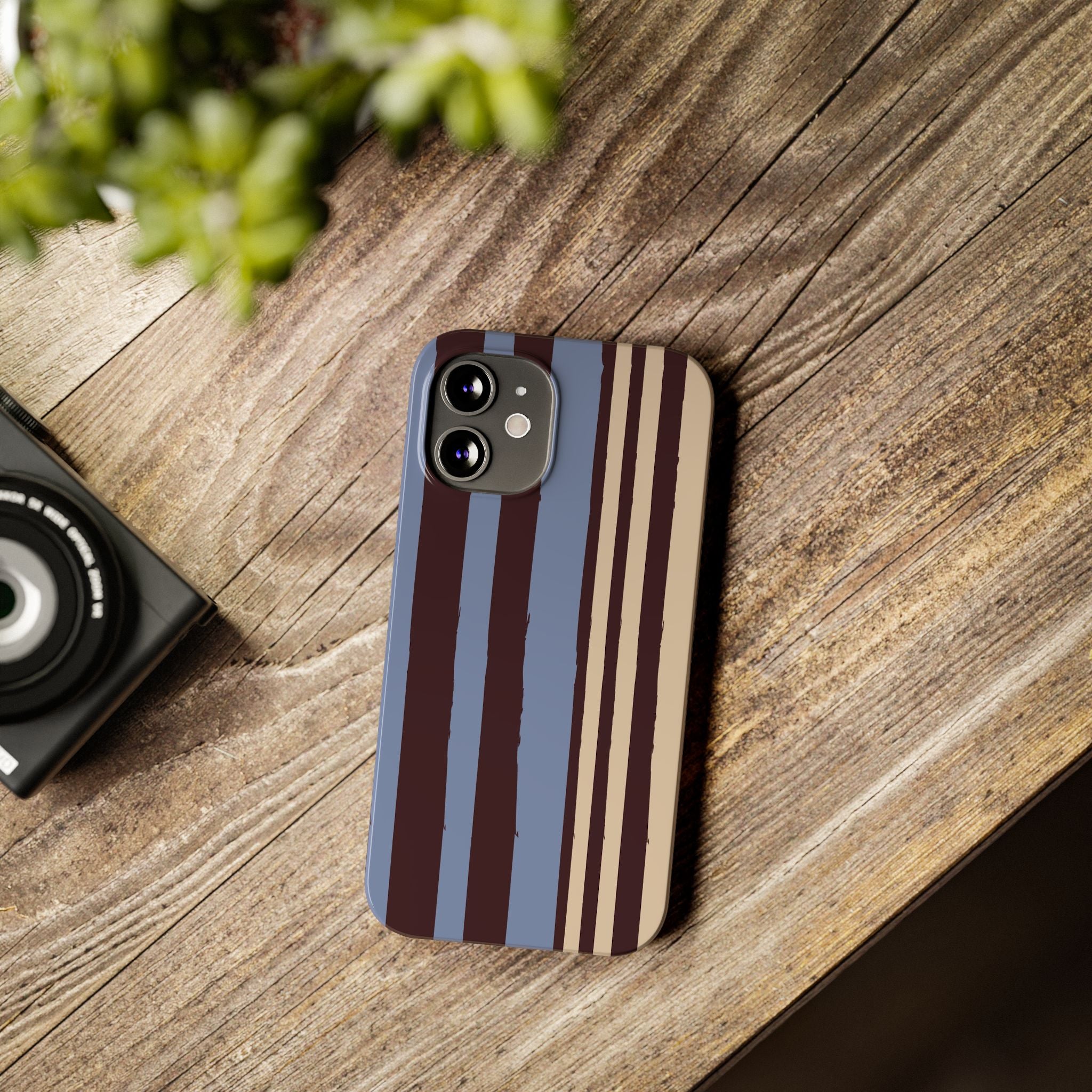 Retro Striped Slim Phone Case — Blue, Brown & Cream Vertical Stripes