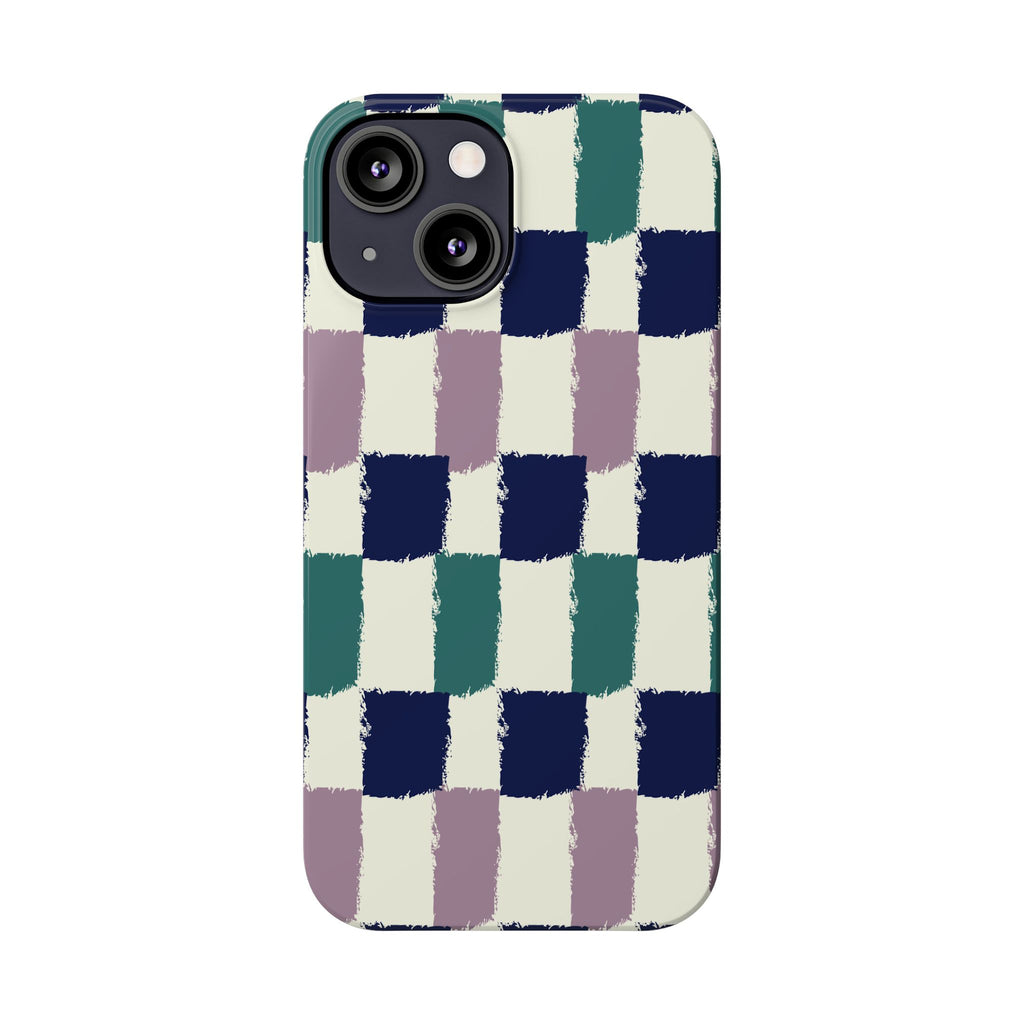 Painterly Check Slim Phone Case — Hand-Painted Navy, Teal & Lavender Grid