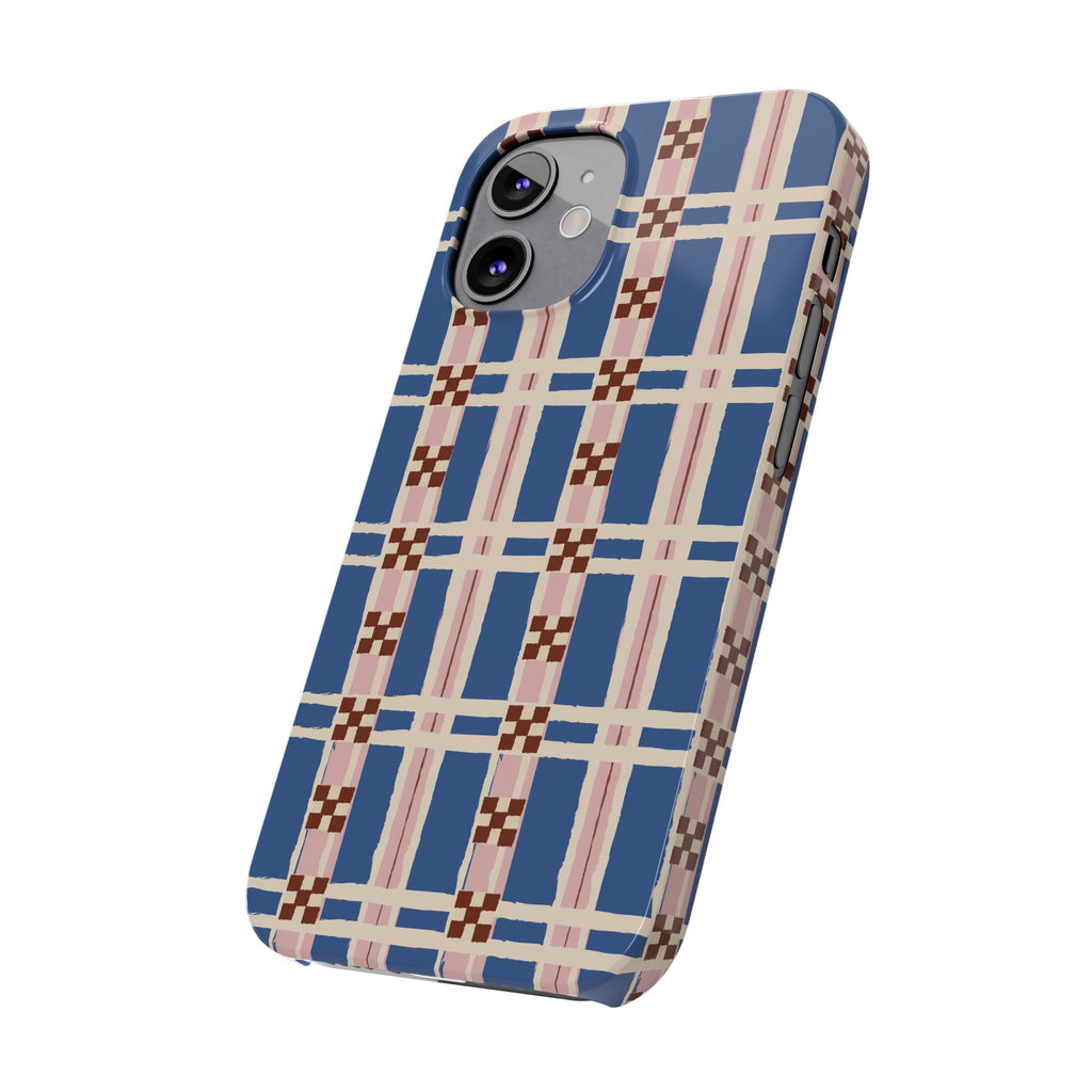 Slim Phone Case — Blue & Pink Retro Plaid Pattern