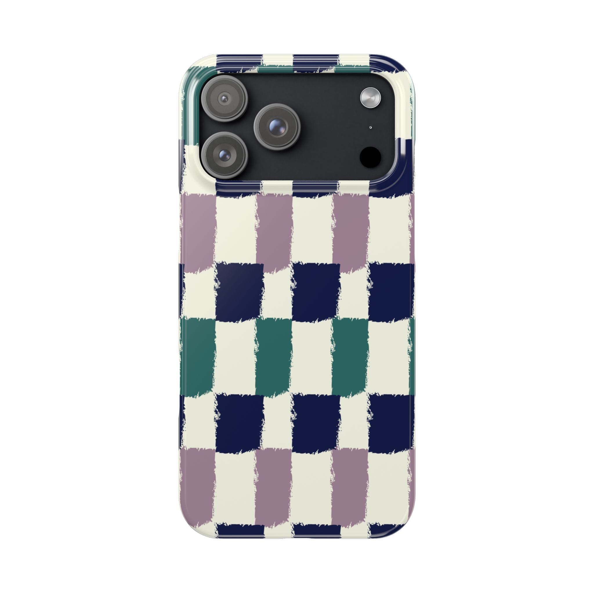 Painterly Check Slim Phone Case — Hand-Painted Navy, Teal & Lavender Grid