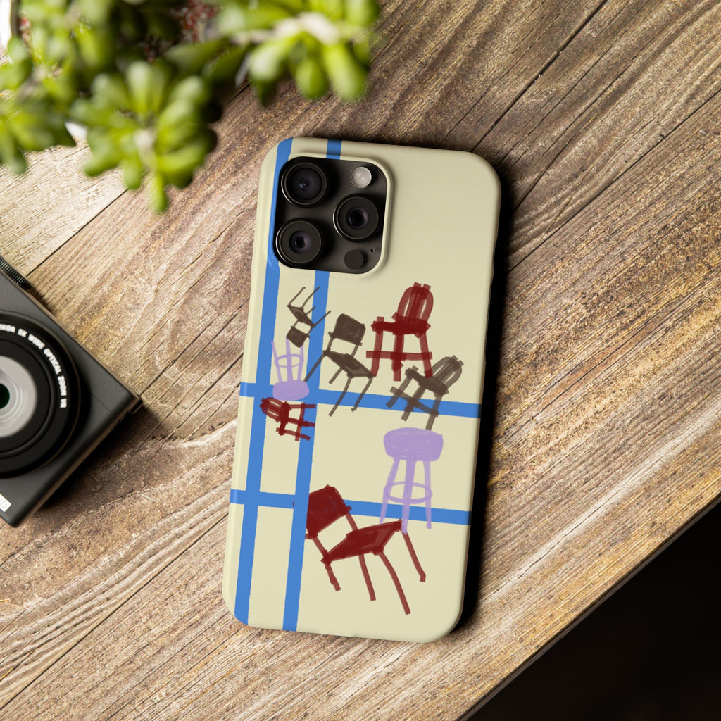 Slim Phone Case — Retro Chairs Pattern on Cream with Blue Grid Backroom-Inspired