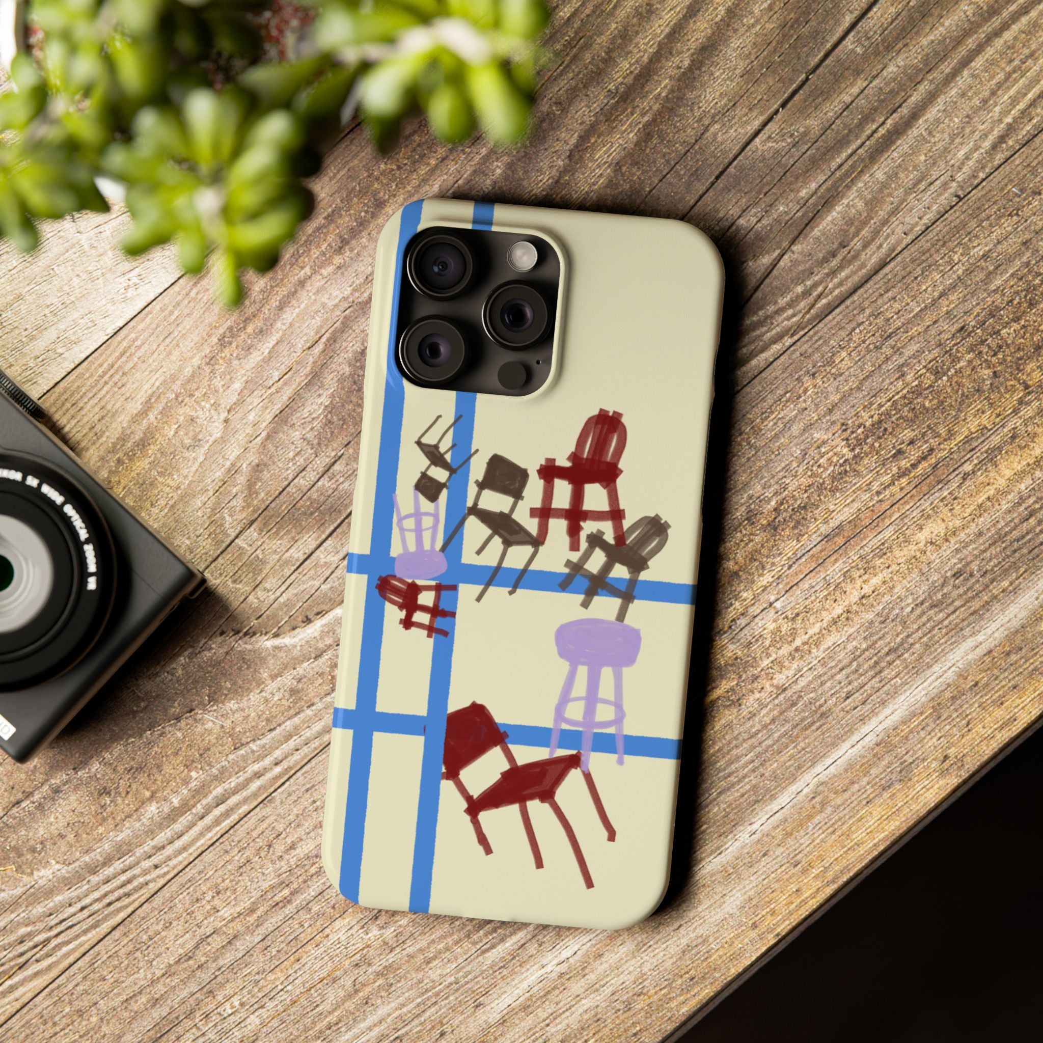Slim Phone Case — Retro Chairs Pattern on Cream with Blue Grid Backroom-Inspired