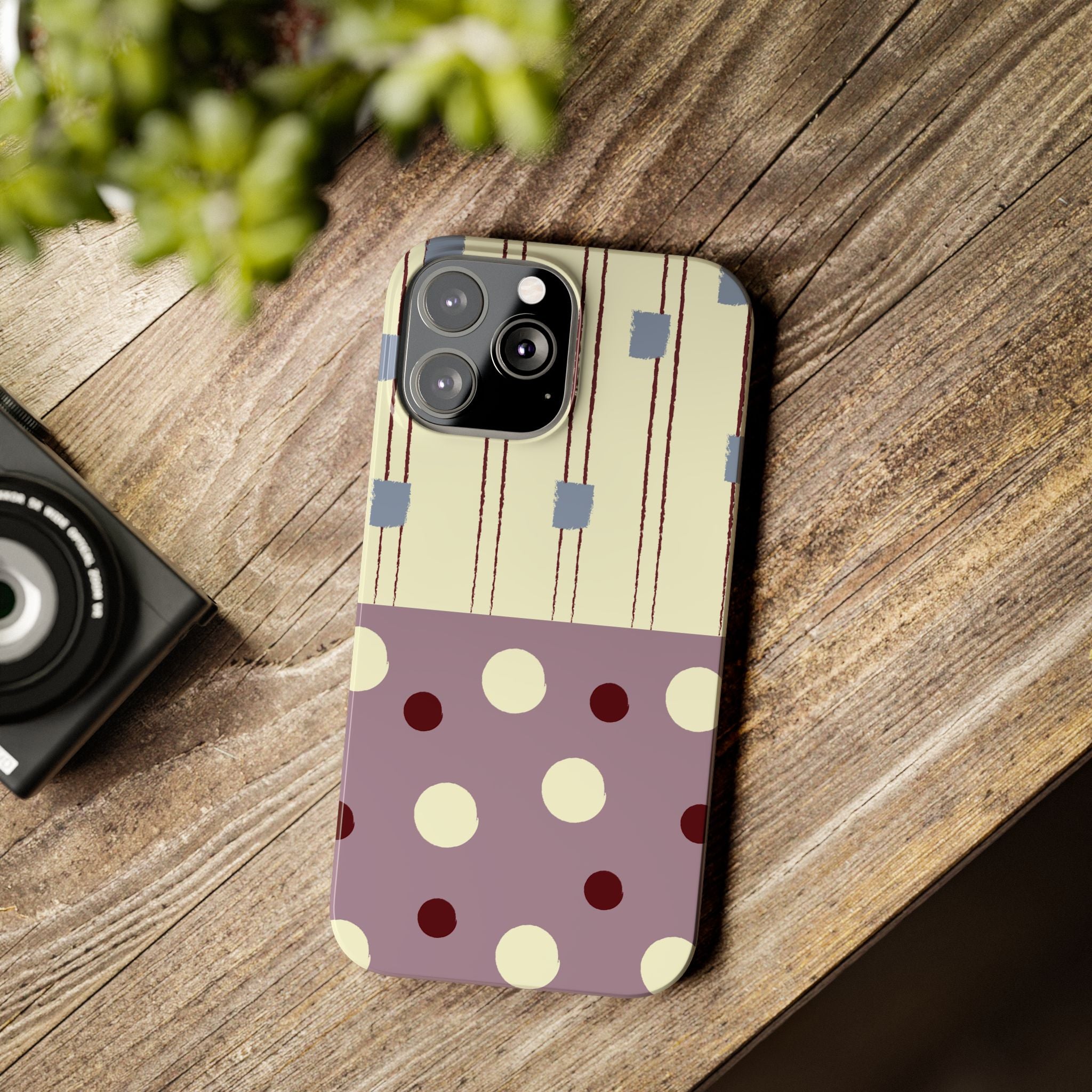 Slim Phone Case — Retro Polka Dot & Stripes Design, Lavender Plum