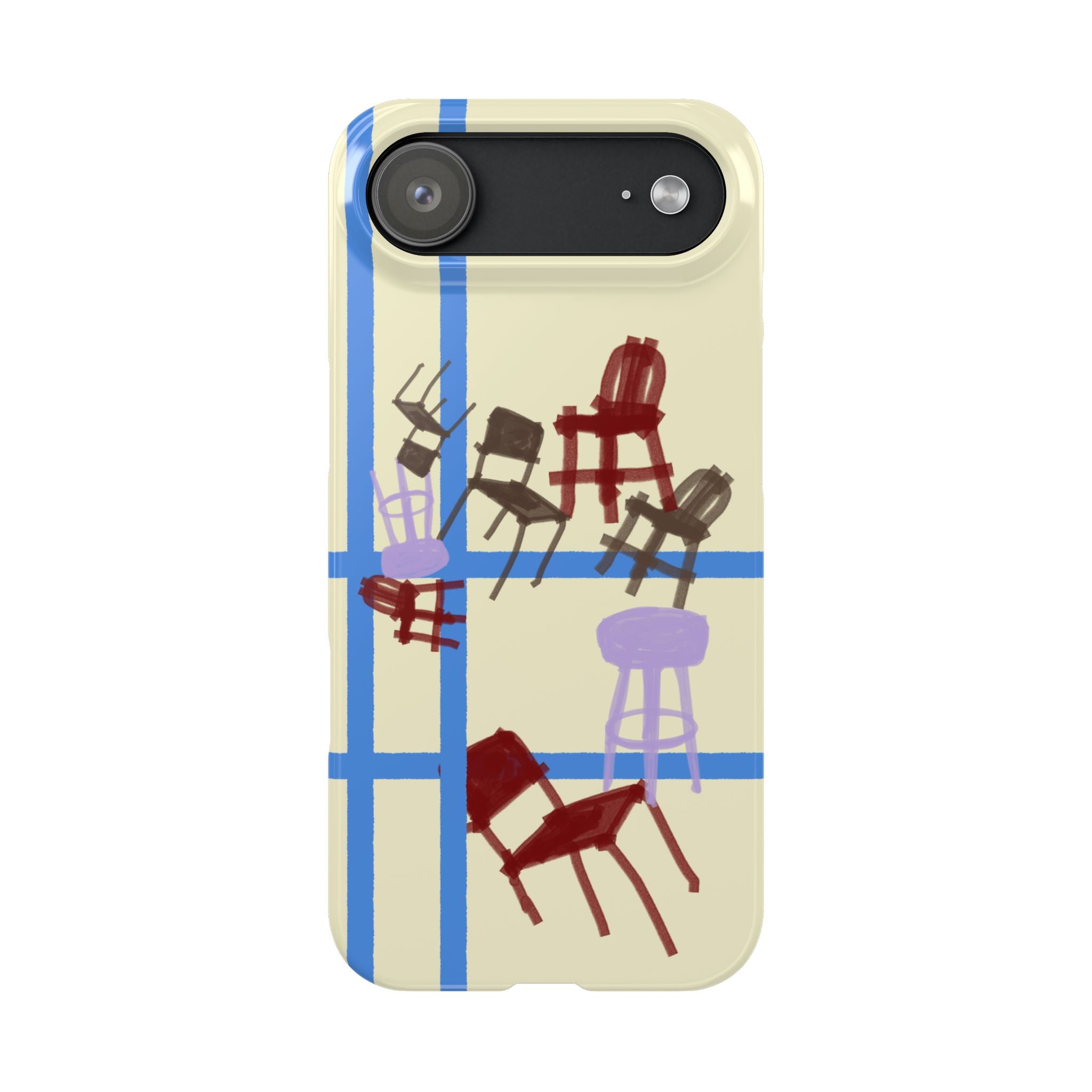 Slim Phone Case — Retro Chairs Pattern on Cream with Blue Grid Backroom-Inspired
