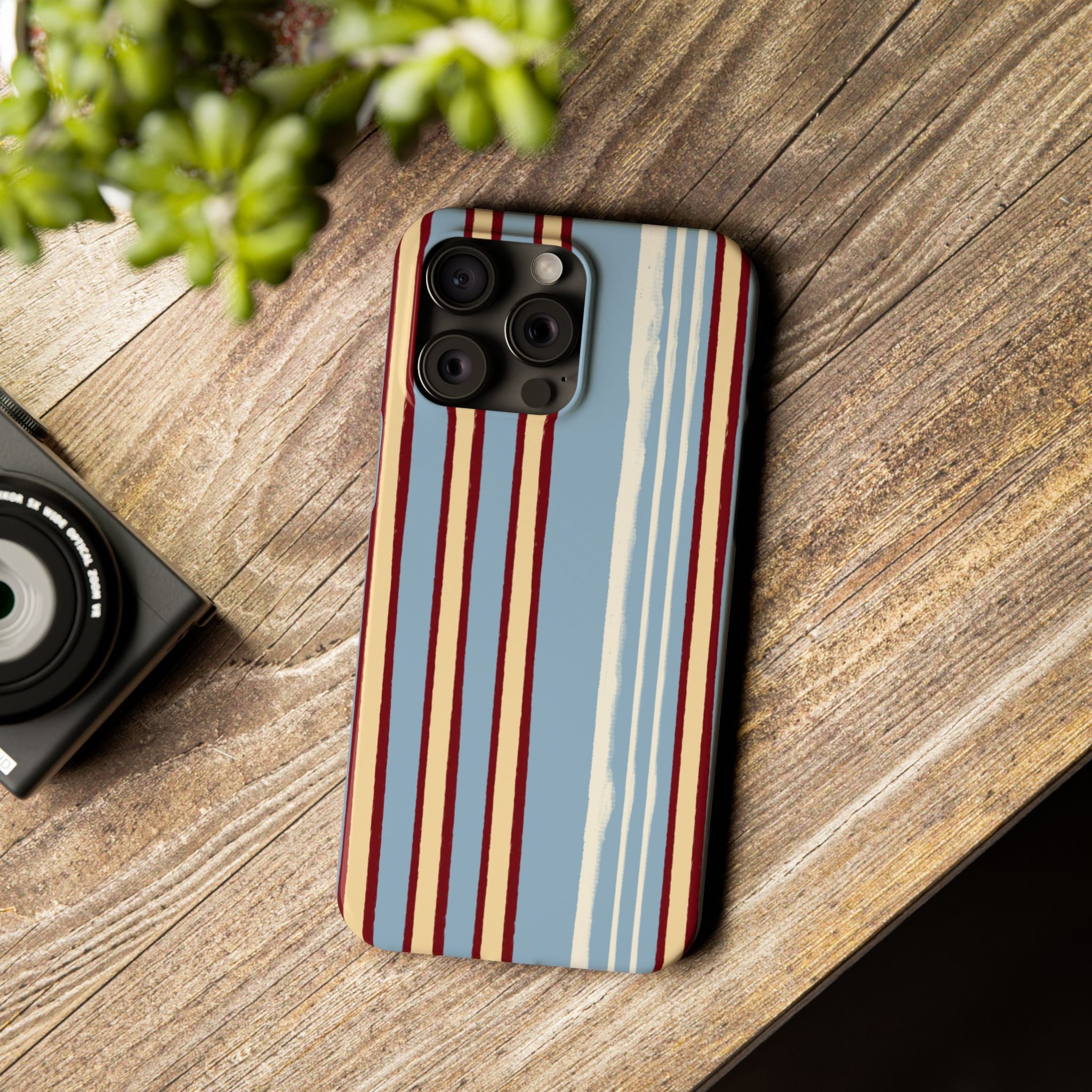 Retro Striped Slim Phone Case — Blue, Cream & Burgundy Vertical Lines