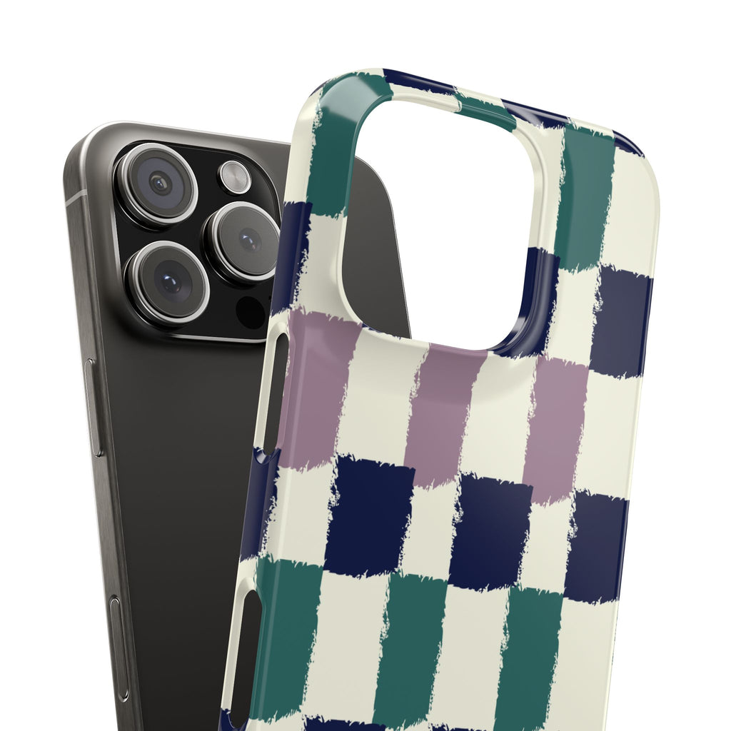 Painterly Check Slim Phone Case — Hand-Painted Navy, Teal & Lavender Grid