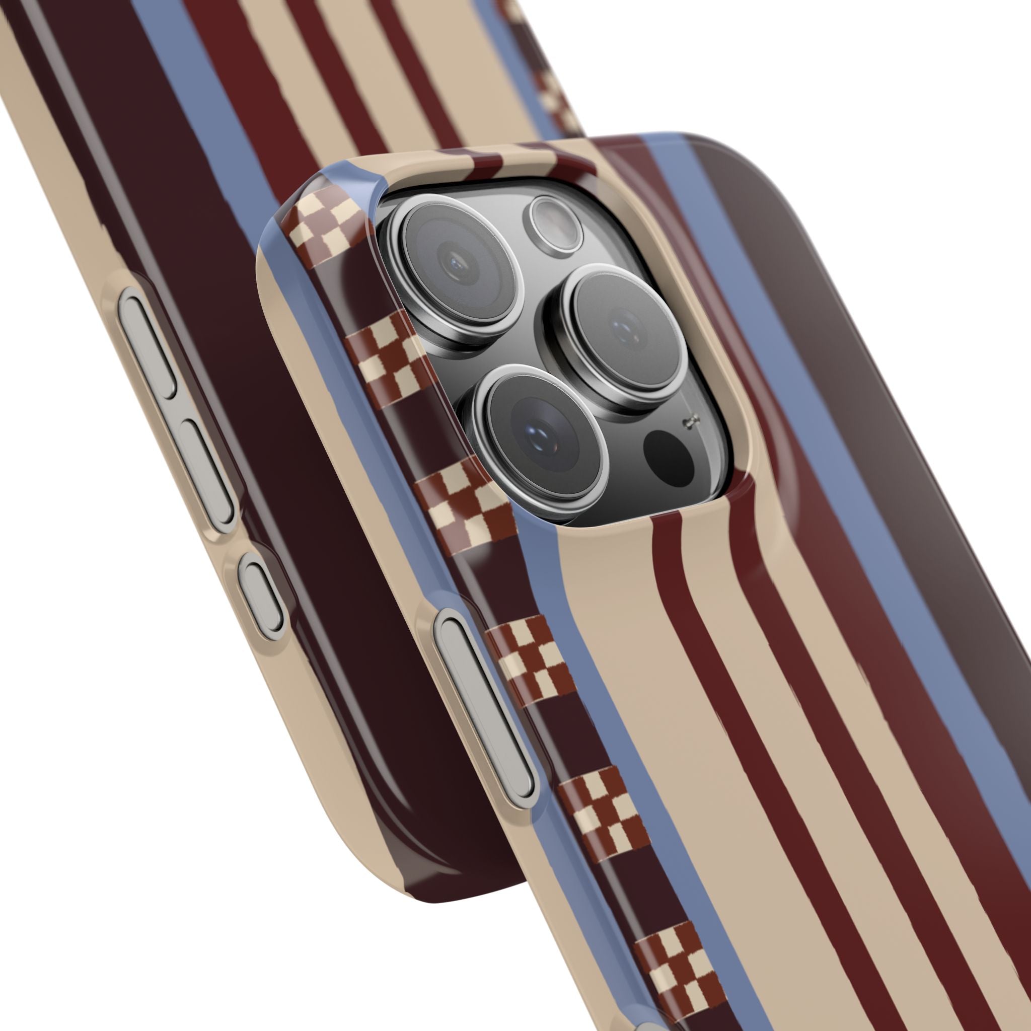 Slim Phone Case — Retro Striped Beige, Maroon & Blue Pattern