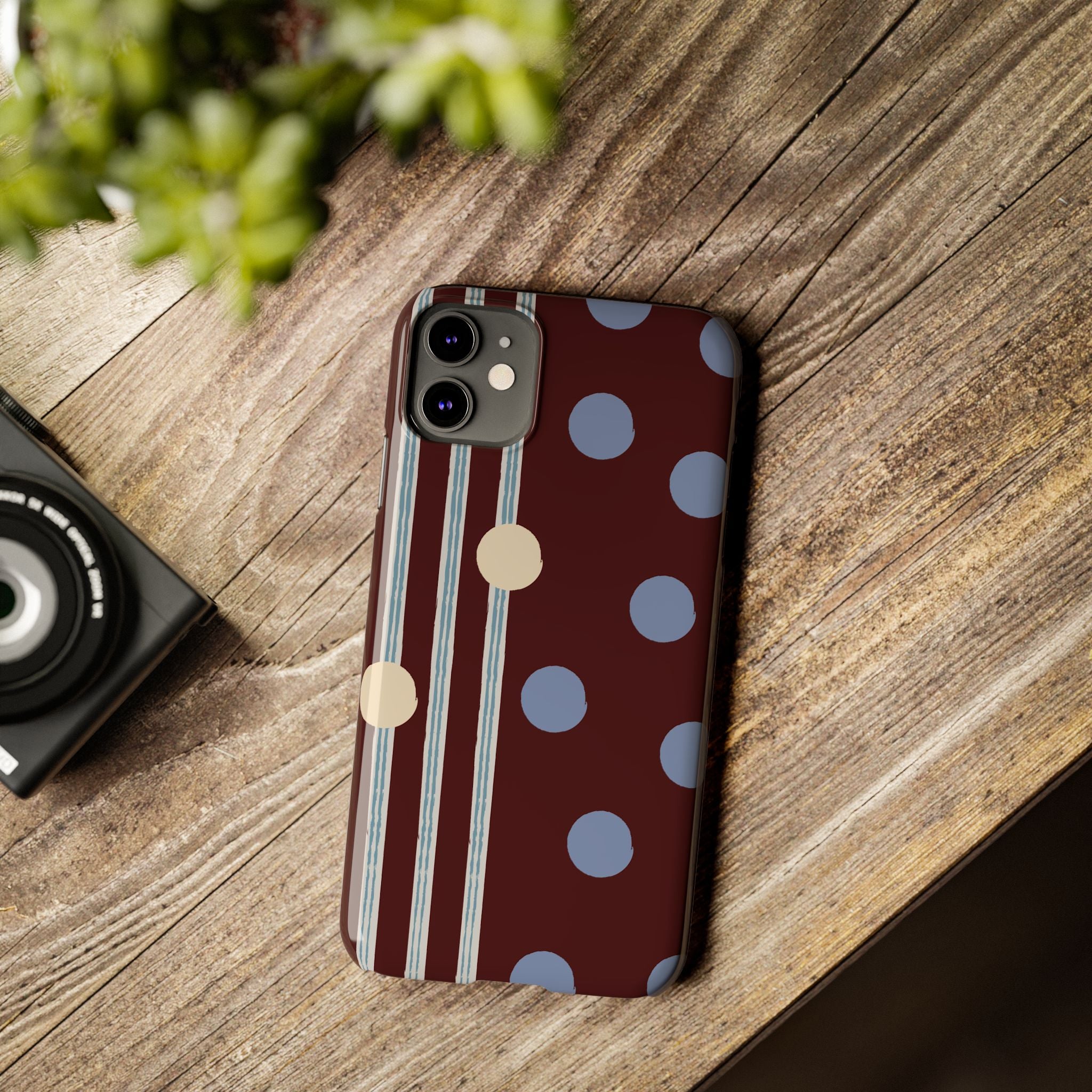 Polka Dot & Stripe Slim Phone Case — Burgundy Blue Retro Pattern