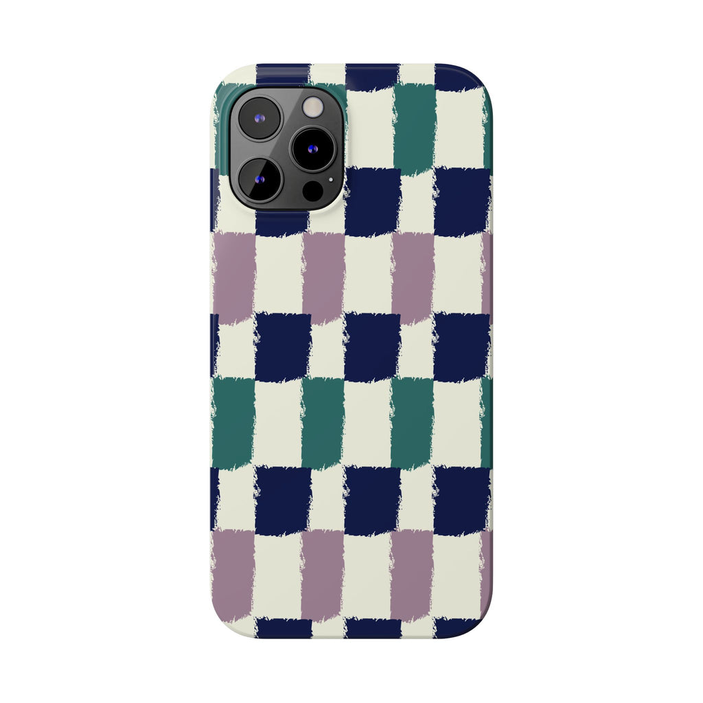 Painterly Check Slim Phone Case — Hand-Painted Navy, Teal & Lavender Grid