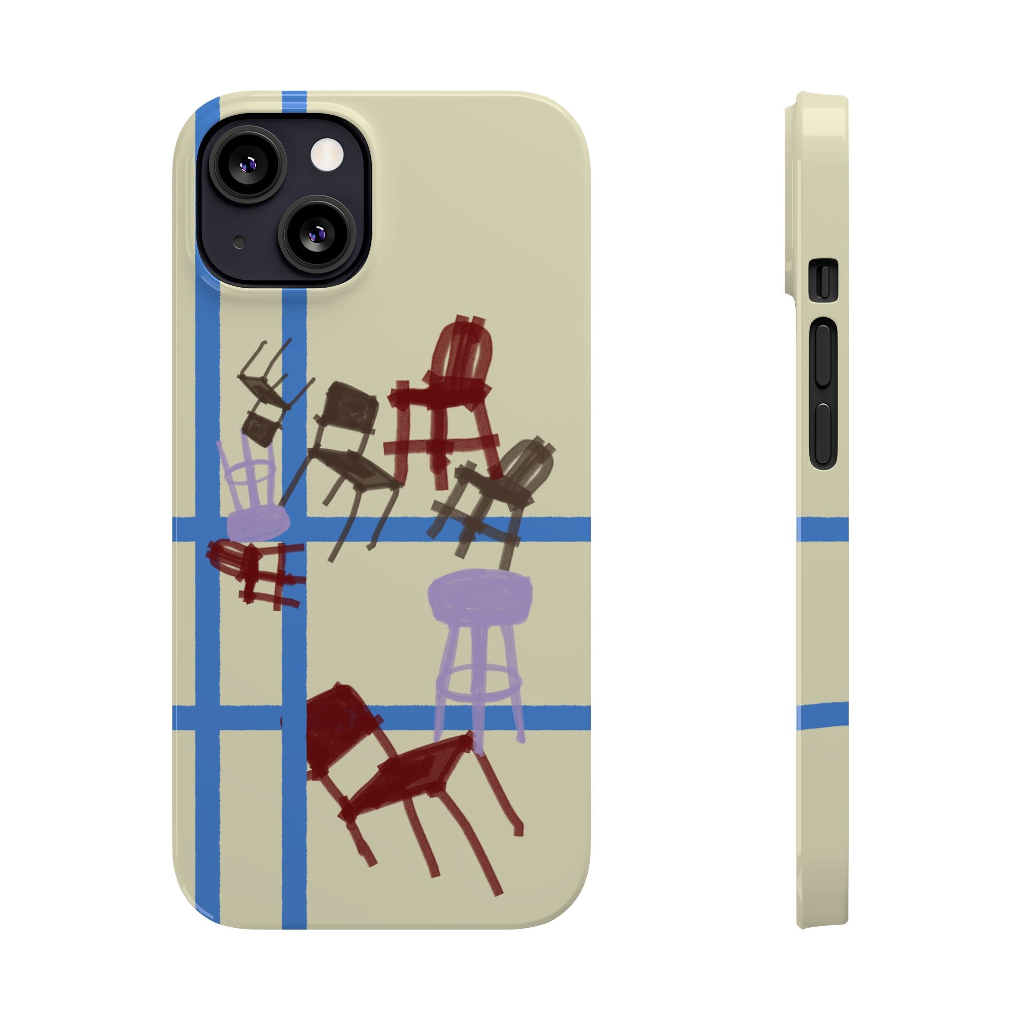 Slim Phone Case — Retro Chairs Pattern on Cream with Blue Grid Backroom-Inspired