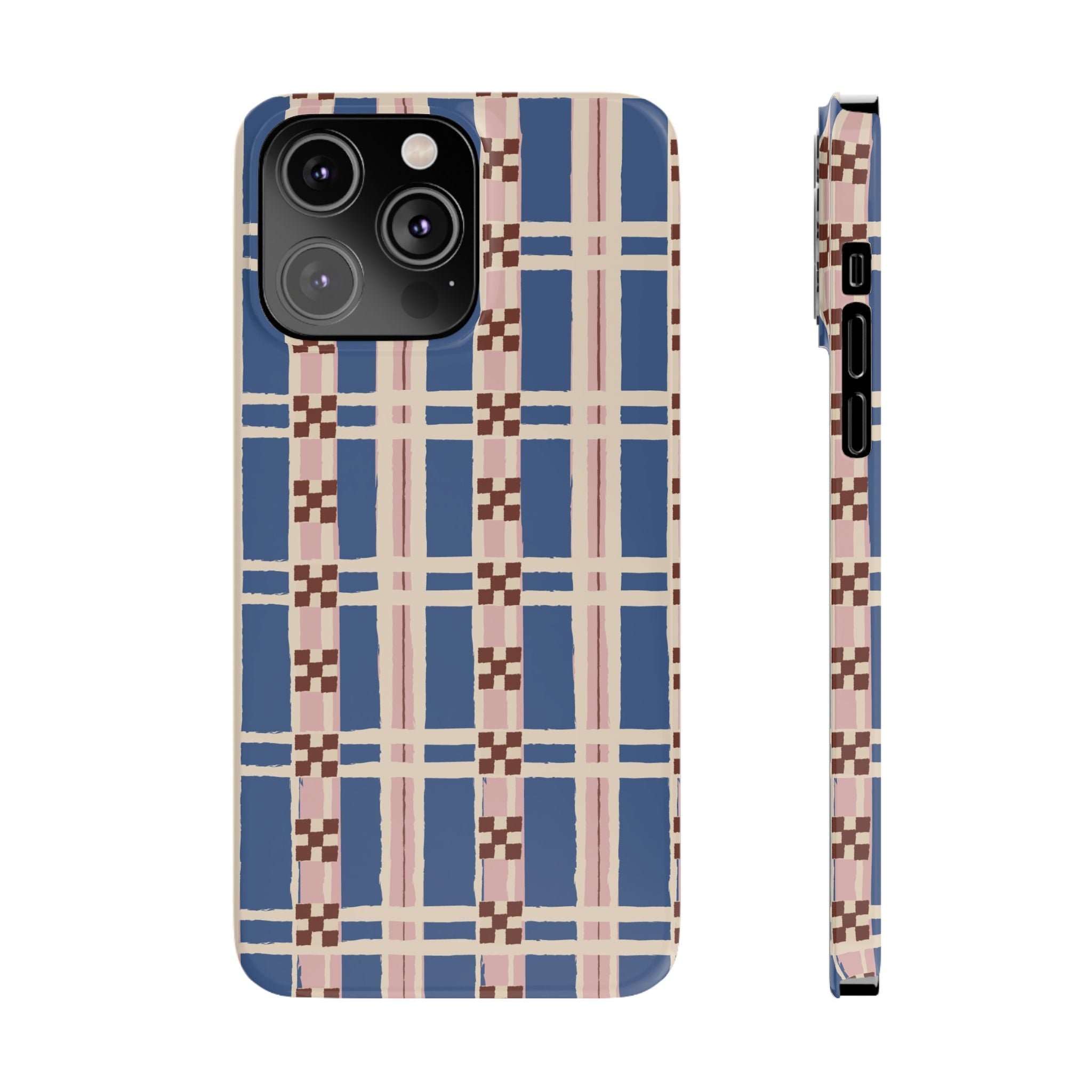 Slim Phone Case — Blue & Pink Retro Plaid Pattern