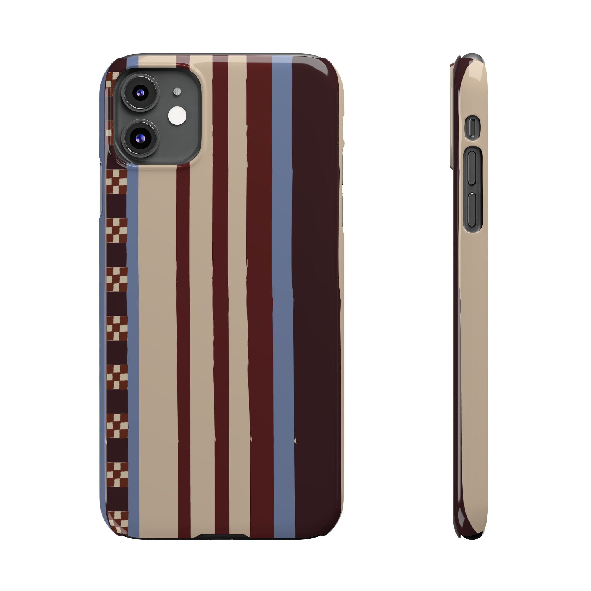 Slim Phone Case — Retro Striped Beige, Maroon & Blue Pattern