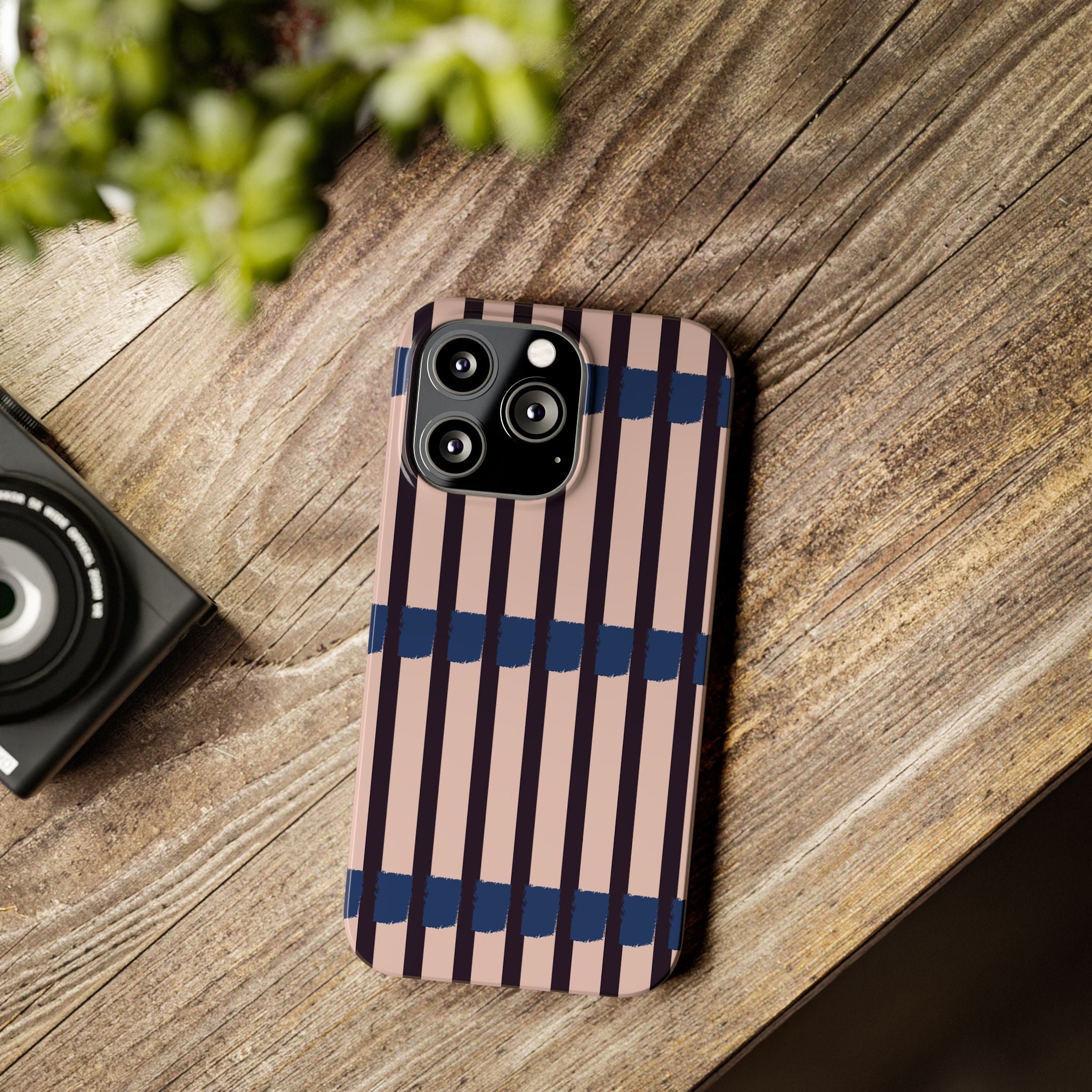 Slim Phone Case — Minimalist Blush & Navy Stripe Pattern