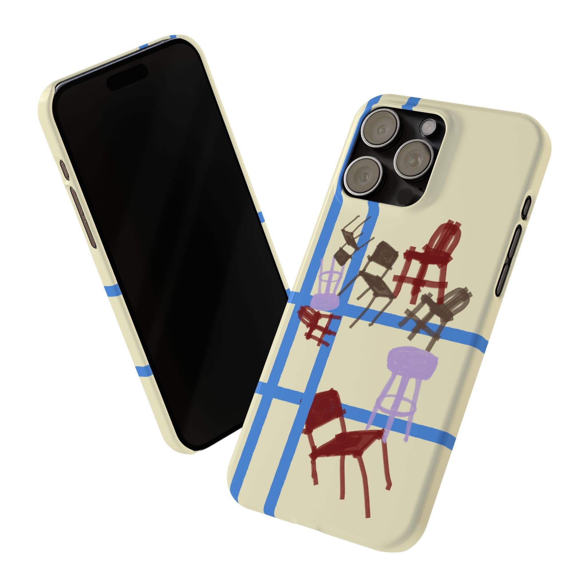 Slim Phone Case — Retro Chairs Pattern on Cream with Blue Grid Backroom-Inspired