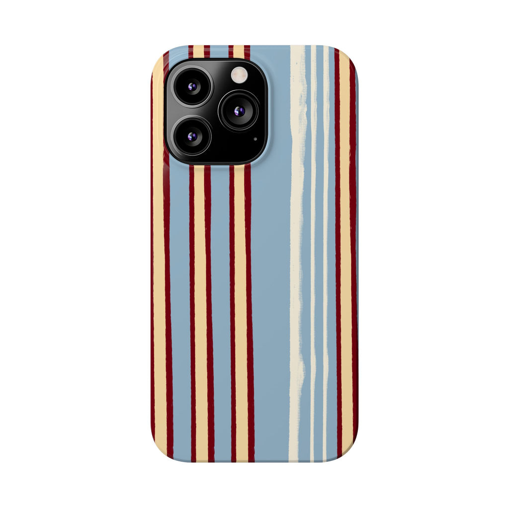 Retro Striped Slim Phone Case — Blue, Cream & Burgundy Vertical Lines