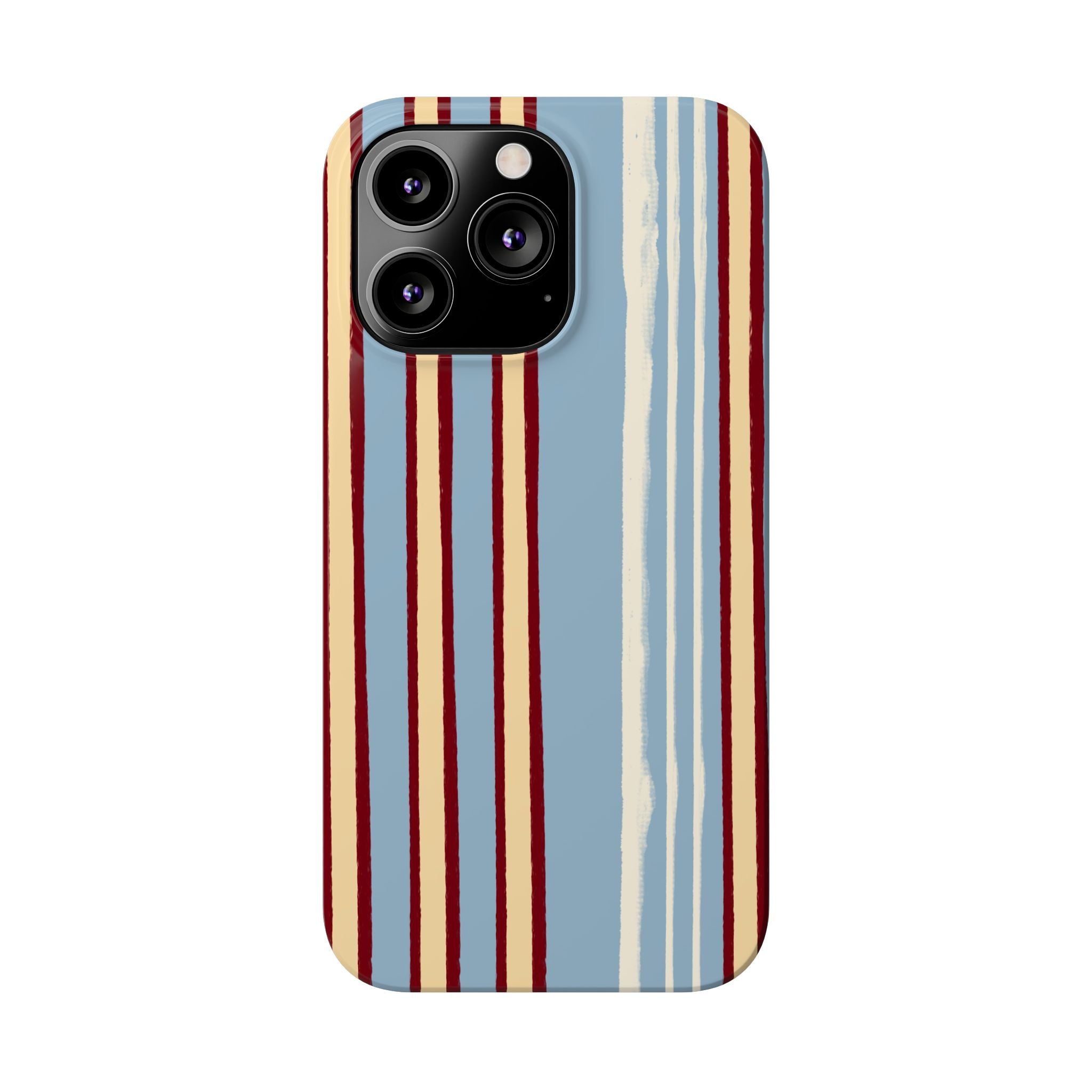 Retro Striped Slim Phone Case — Blue, Cream & Burgundy Vertical Lines