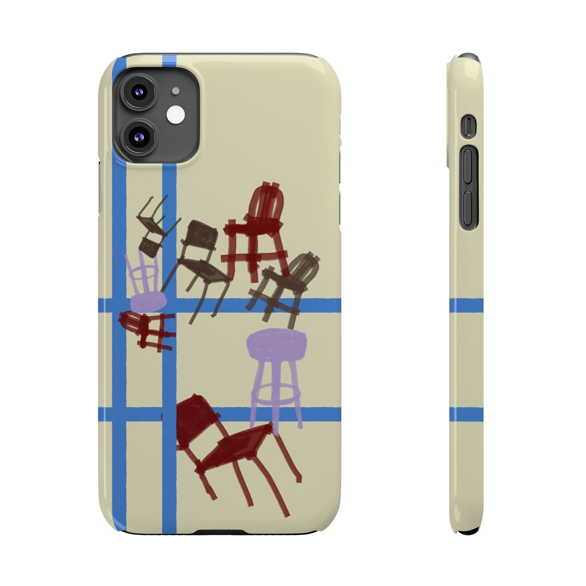 Slim Phone Case — Retro Chairs Pattern on Cream with Blue Grid Backroom-Inspired