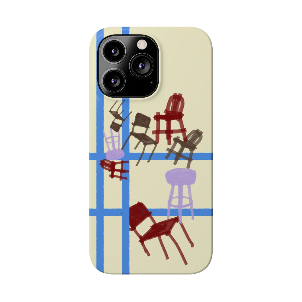 Slim Phone Case — Retro Chairs Pattern on Cream with Blue Grid Backroom-Inspired
