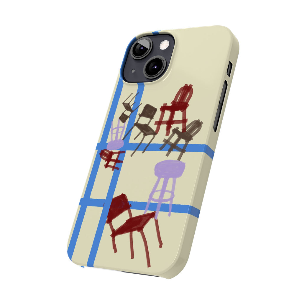 Slim Phone Case — Retro Chairs Pattern on Cream with Blue Grid Backroom-Inspired
