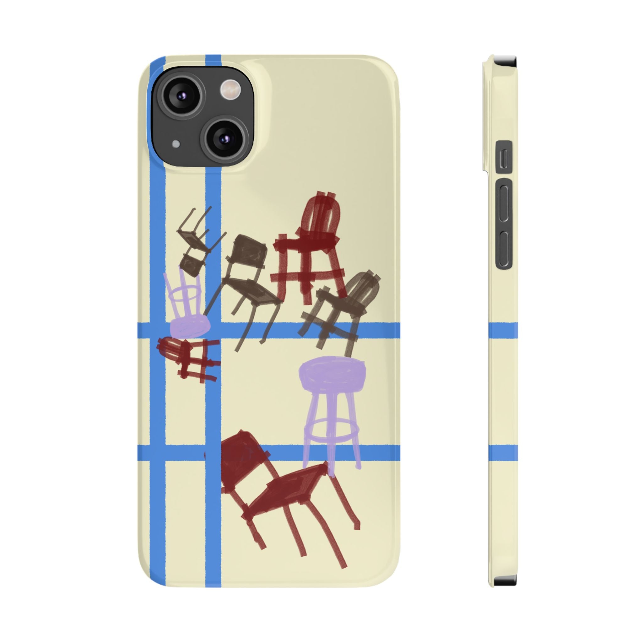 Slim Phone Case — Retro Chairs Pattern on Cream with Blue Grid Backroom-Inspired