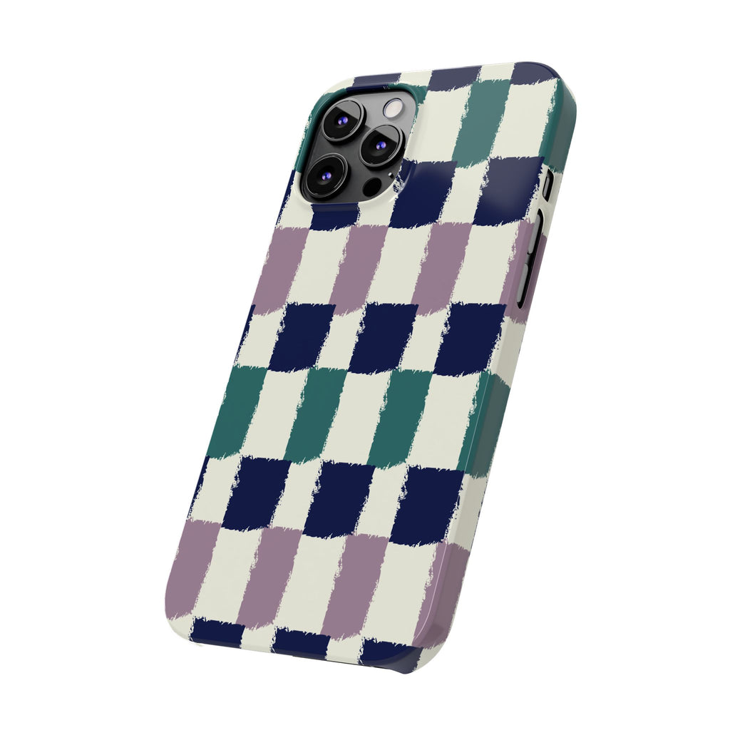 Painterly Check Slim Phone Case — Hand-Painted Navy, Teal & Lavender Grid