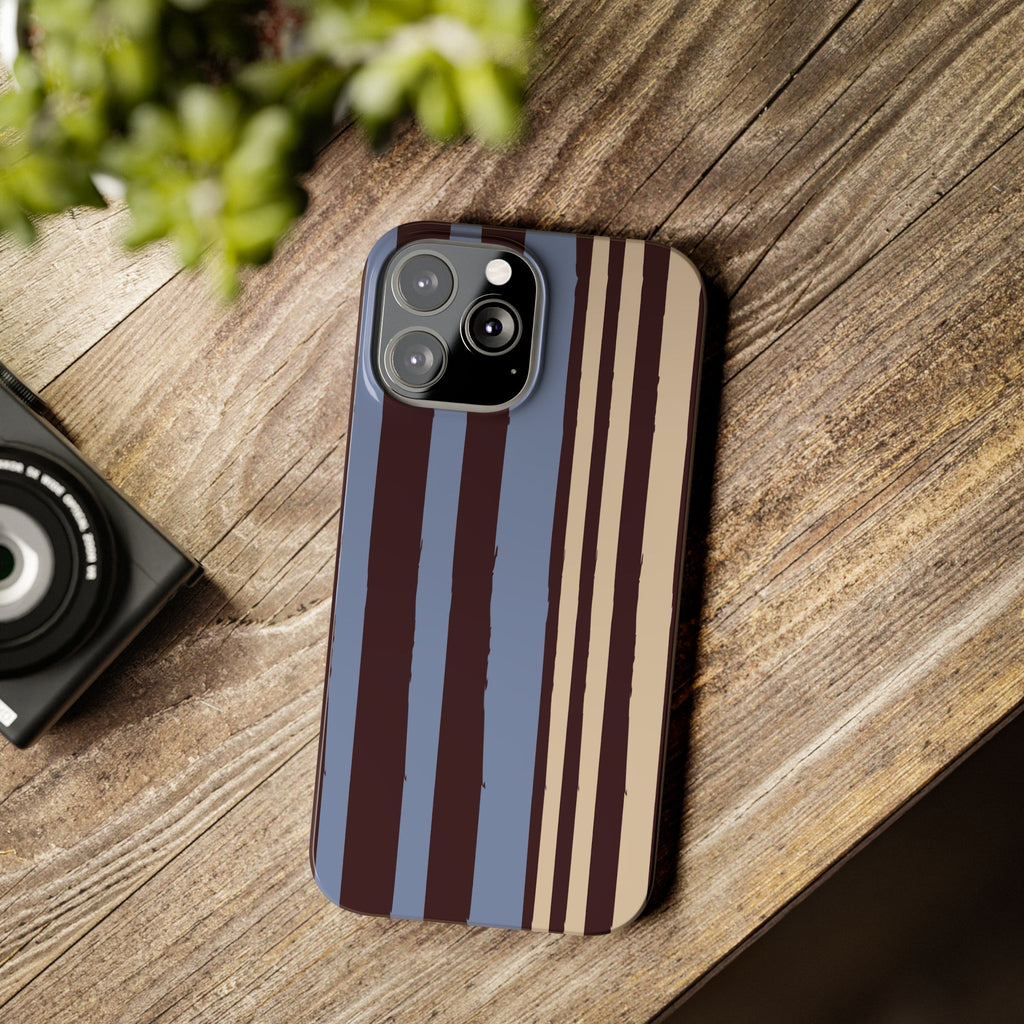 Retro Striped Slim Phone Case — Blue, Brown & Cream Vertical Stripes