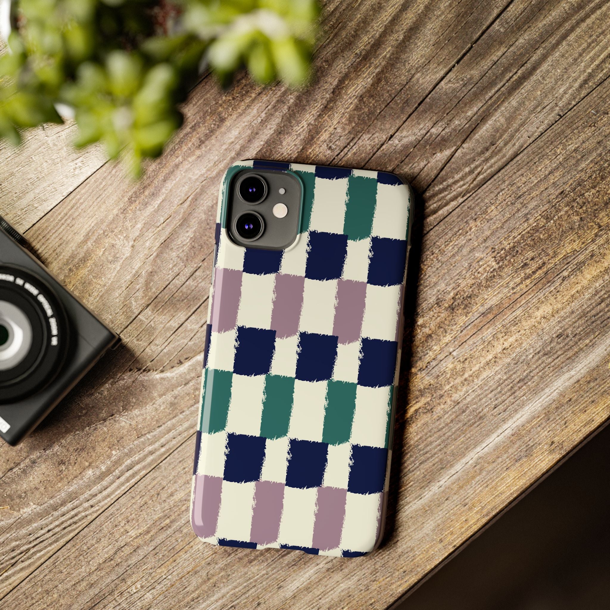 Painterly Check Slim Phone Case — Hand-Painted Navy, Teal & Lavender Grid