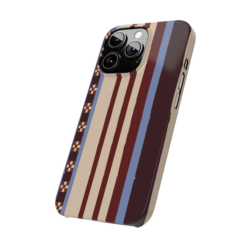Slim Phone Case — Retro Striped Beige, Maroon & Blue Pattern