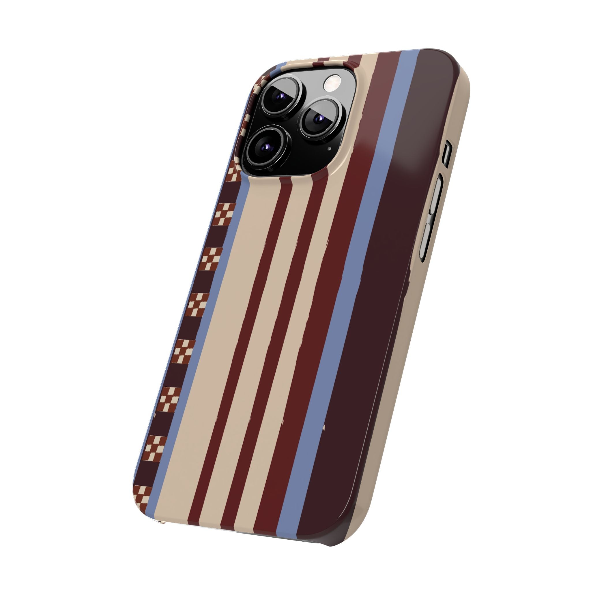 Slim Phone Case — Retro Striped Beige, Maroon & Blue Pattern