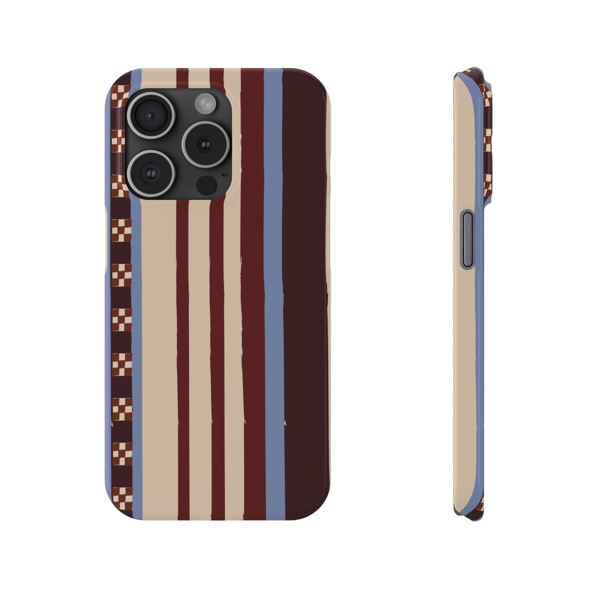 Slim Phone Case — Retro Striped Beige, Maroon & Blue Pattern