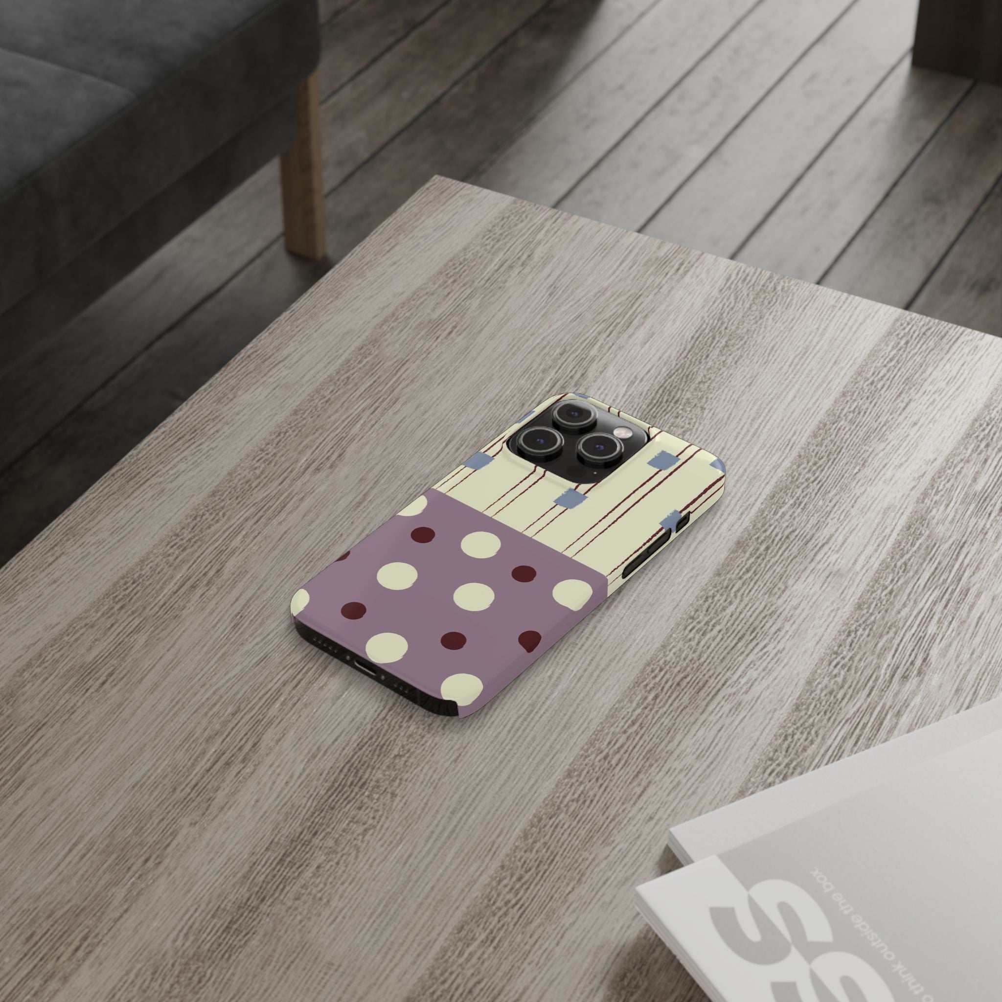 Slim Phone Case — Retro Polka Dot & Stripes Design, Lavender Plum