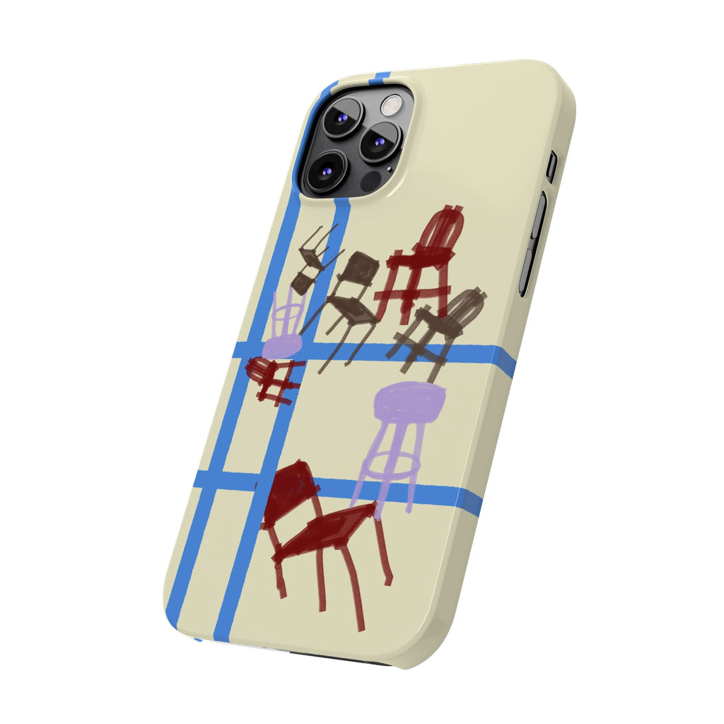 Slim Phone Case — Retro Chairs Pattern on Cream with Blue Grid Backroom-Inspired