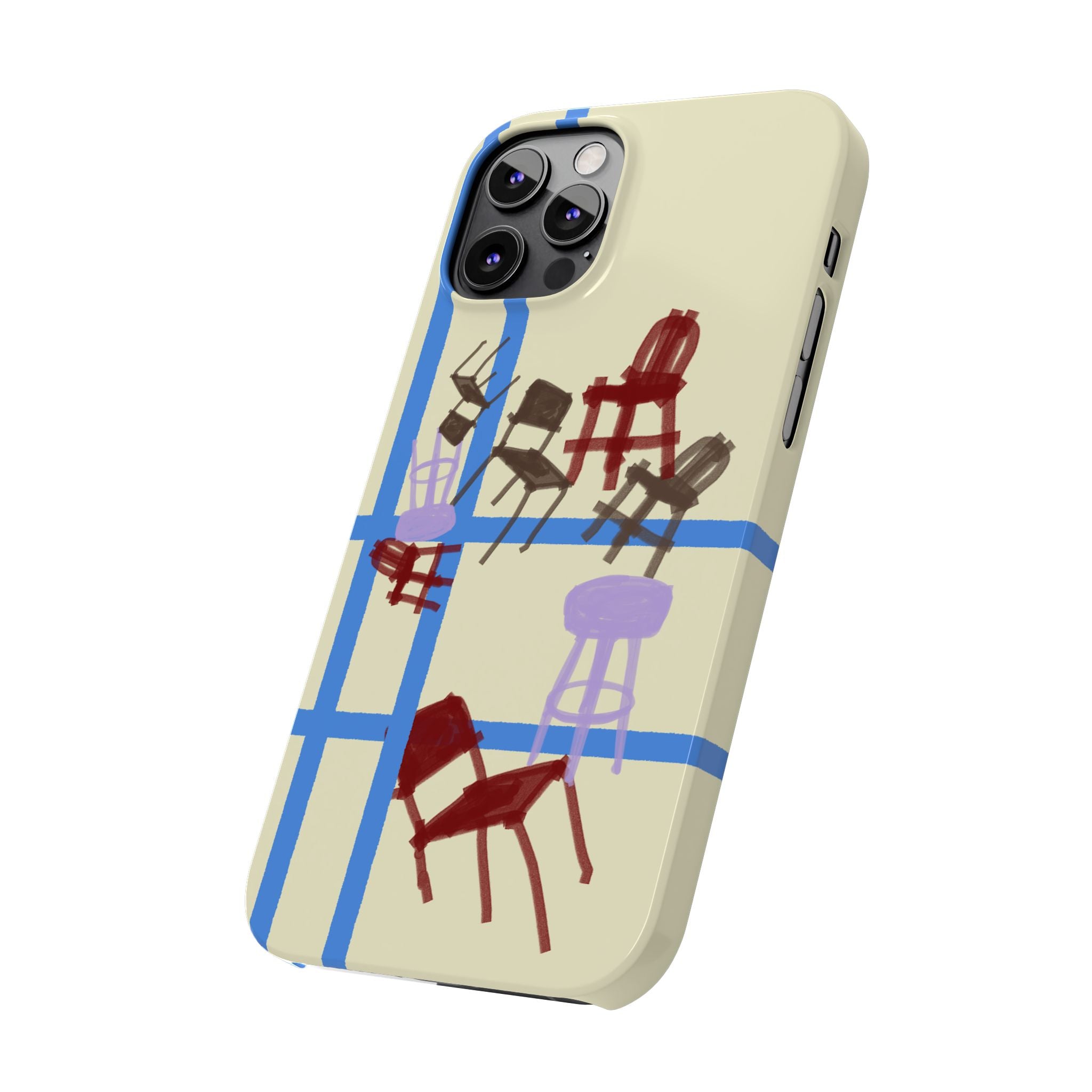 Slim Phone Case — Retro Chairs Pattern on Cream with Blue Grid Backroom-Inspired